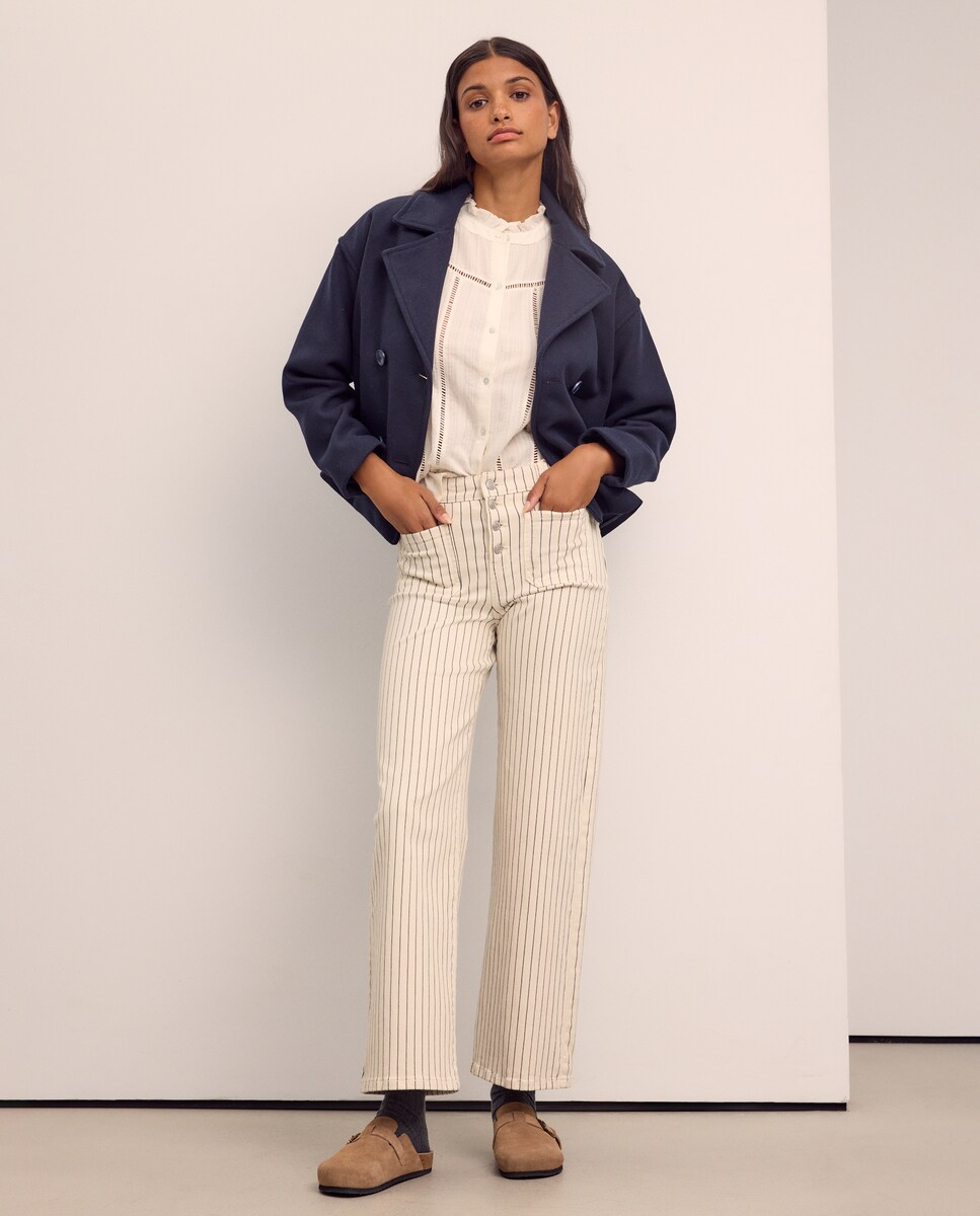 Calças às Riscas com Botões à Vista 120 Cru-1