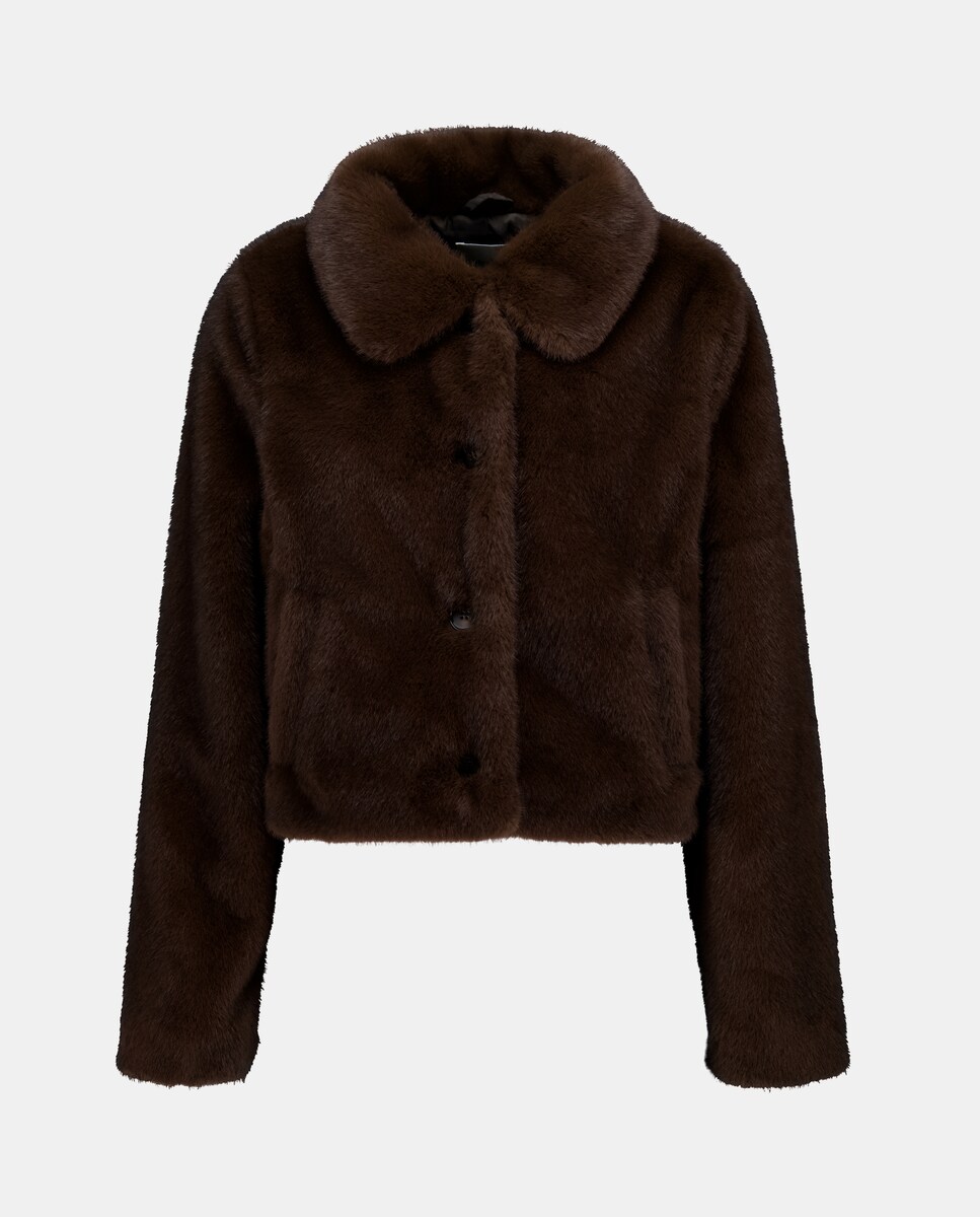 Casaco de Pelo Curto Liso Castanho-5
