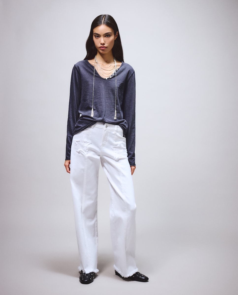 Imagen 1 de Pantalón wide leg de mujer con estrellas y strass Blanco