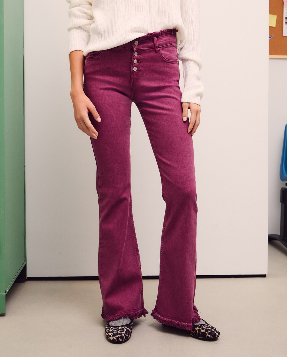 Jeans à boca de sino com botões 230 Rosa Escuro-2