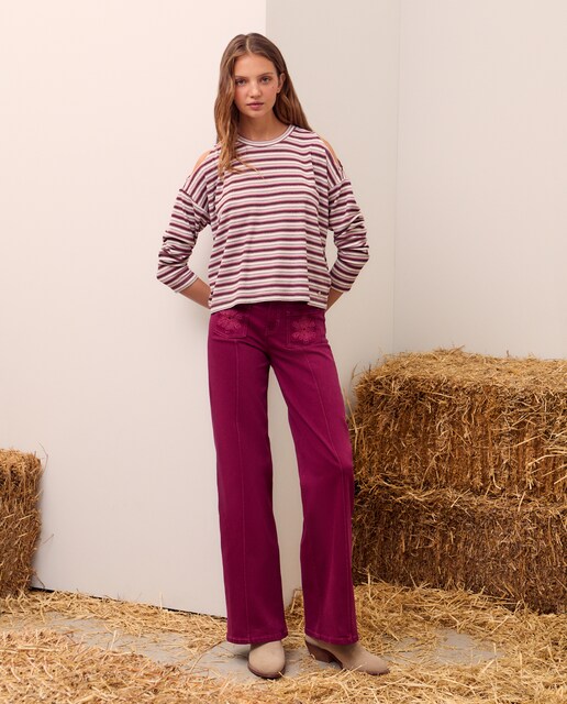 Imagen 0 de Pantalón wide leg nervio bordado de mujer