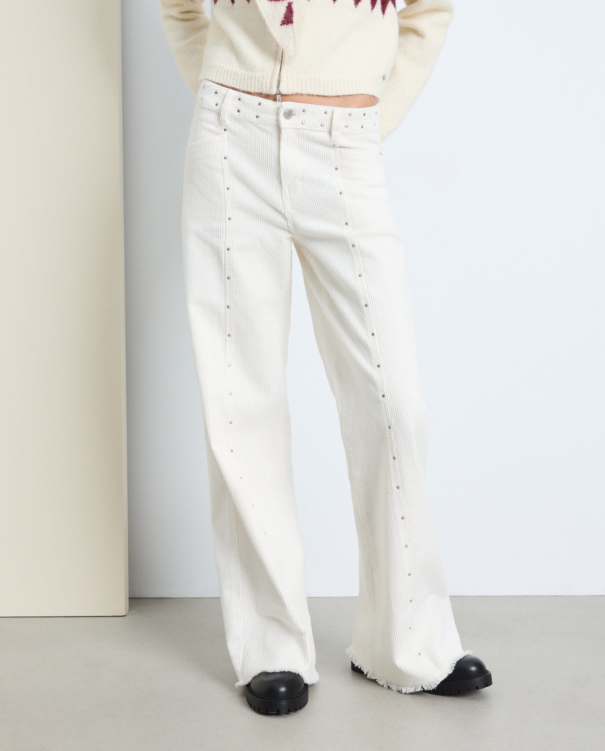 Pantalón wide leg tachas pana mujer - Green Coast - 120 Crudo 120 Crudo-2