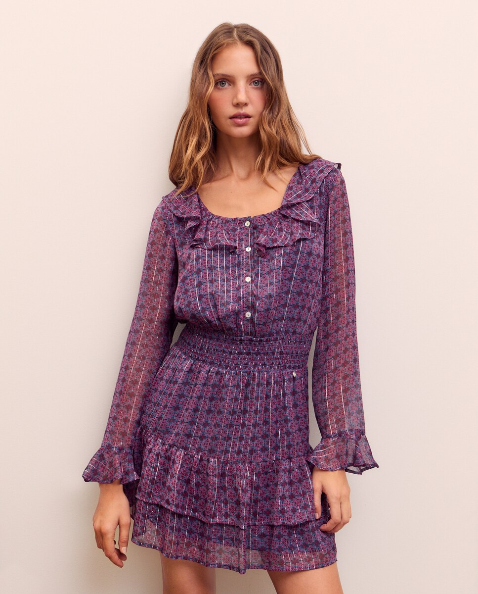 Vestido Curto com Gola com Folhos Ameixa-2