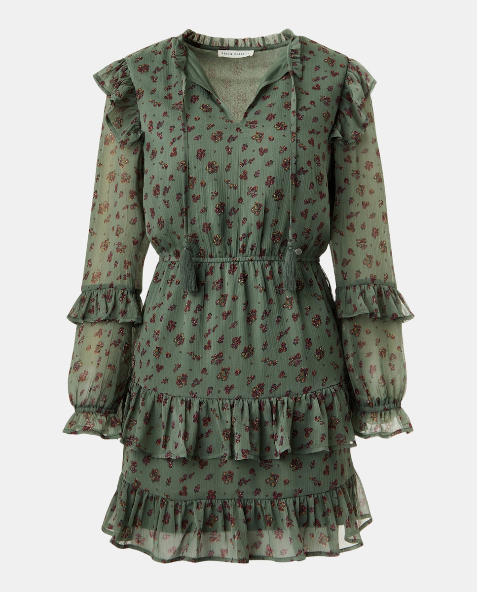 Vestido Romântico com Folhos 530 Verde Escuro-4