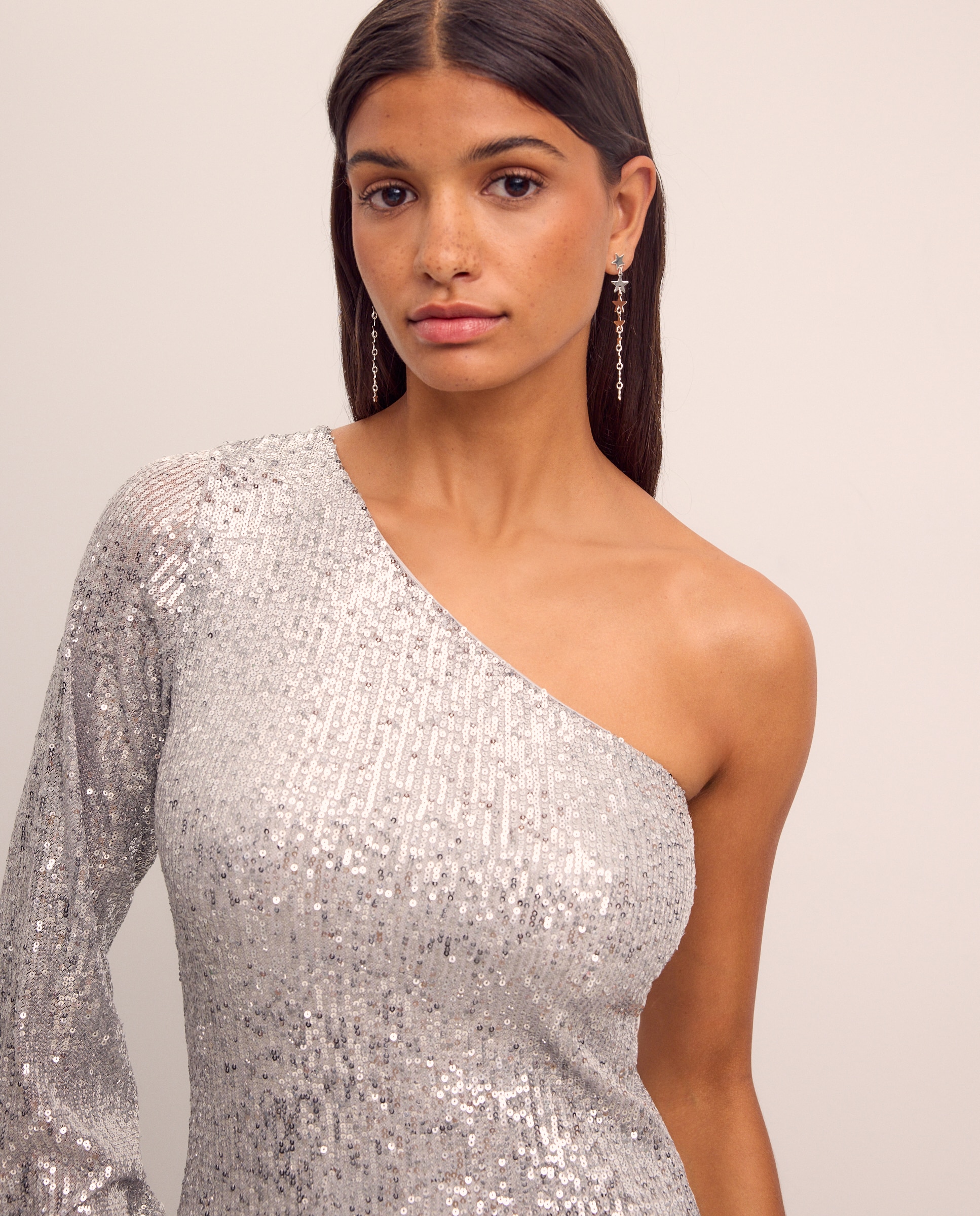 Vestido Liso com Manga Comprida Prata-4