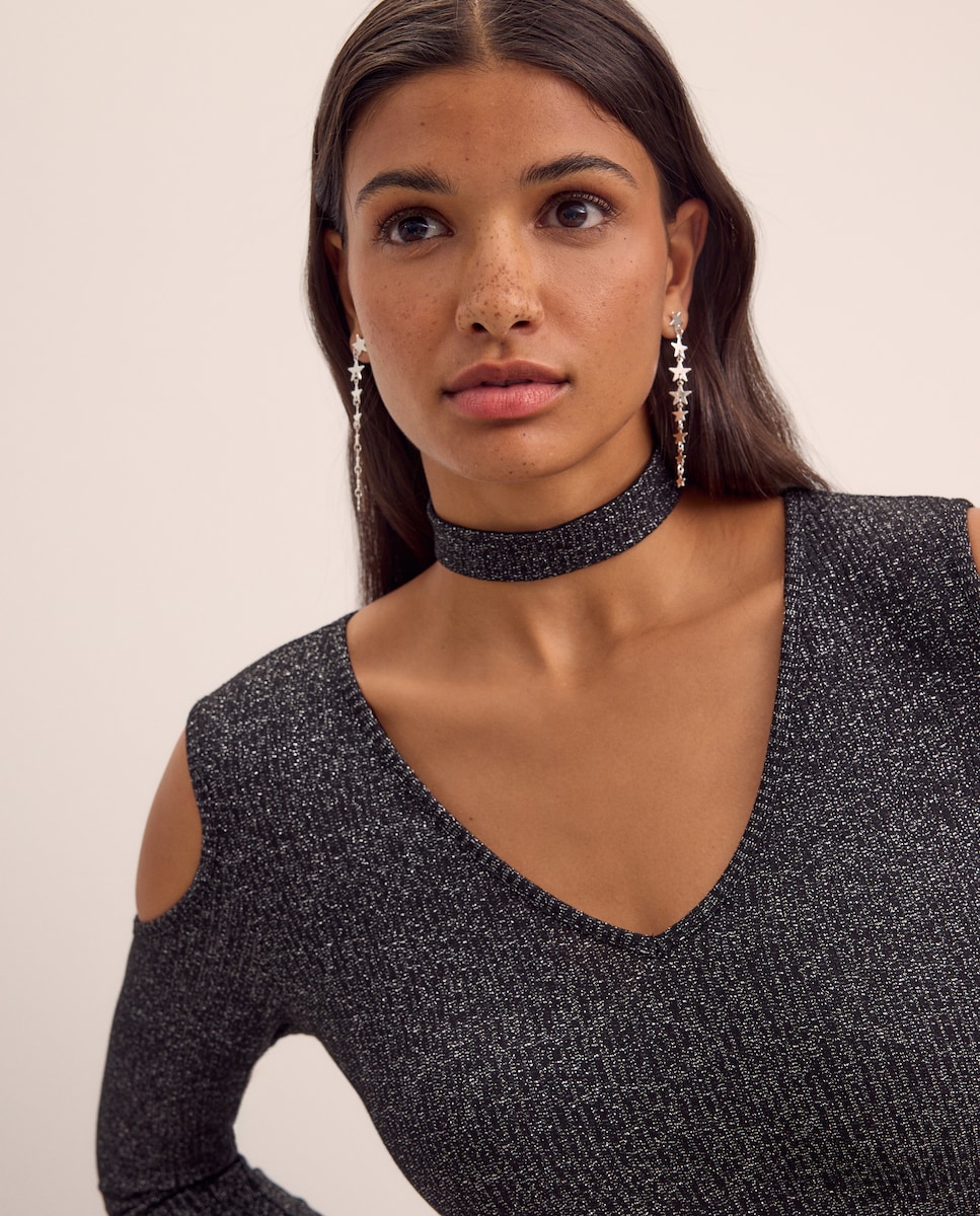 Vestido de Manga Comprida Cut Out Canelado Preto-2