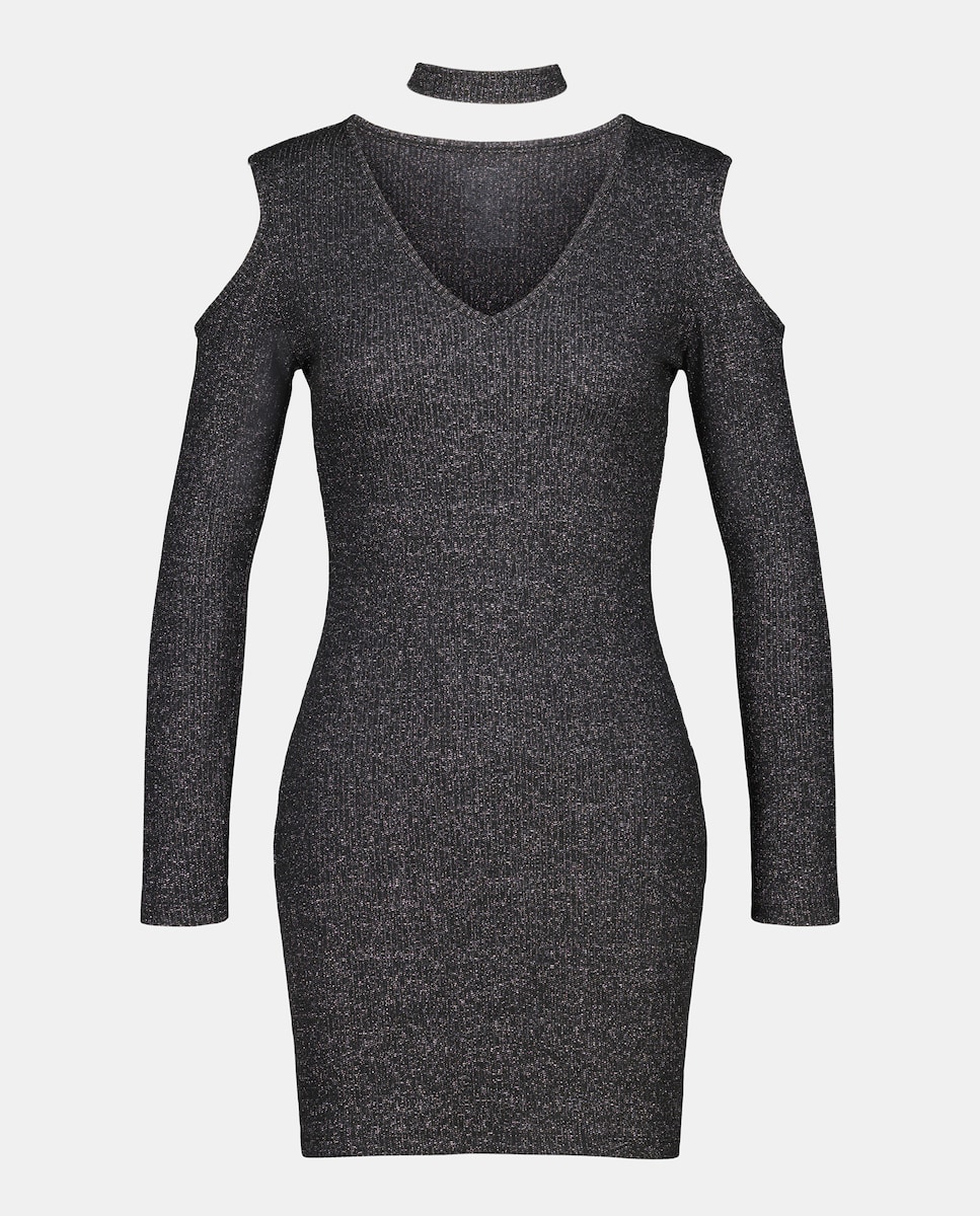 Vestido de Manga Comprida Cut Out Canelado Preto-4