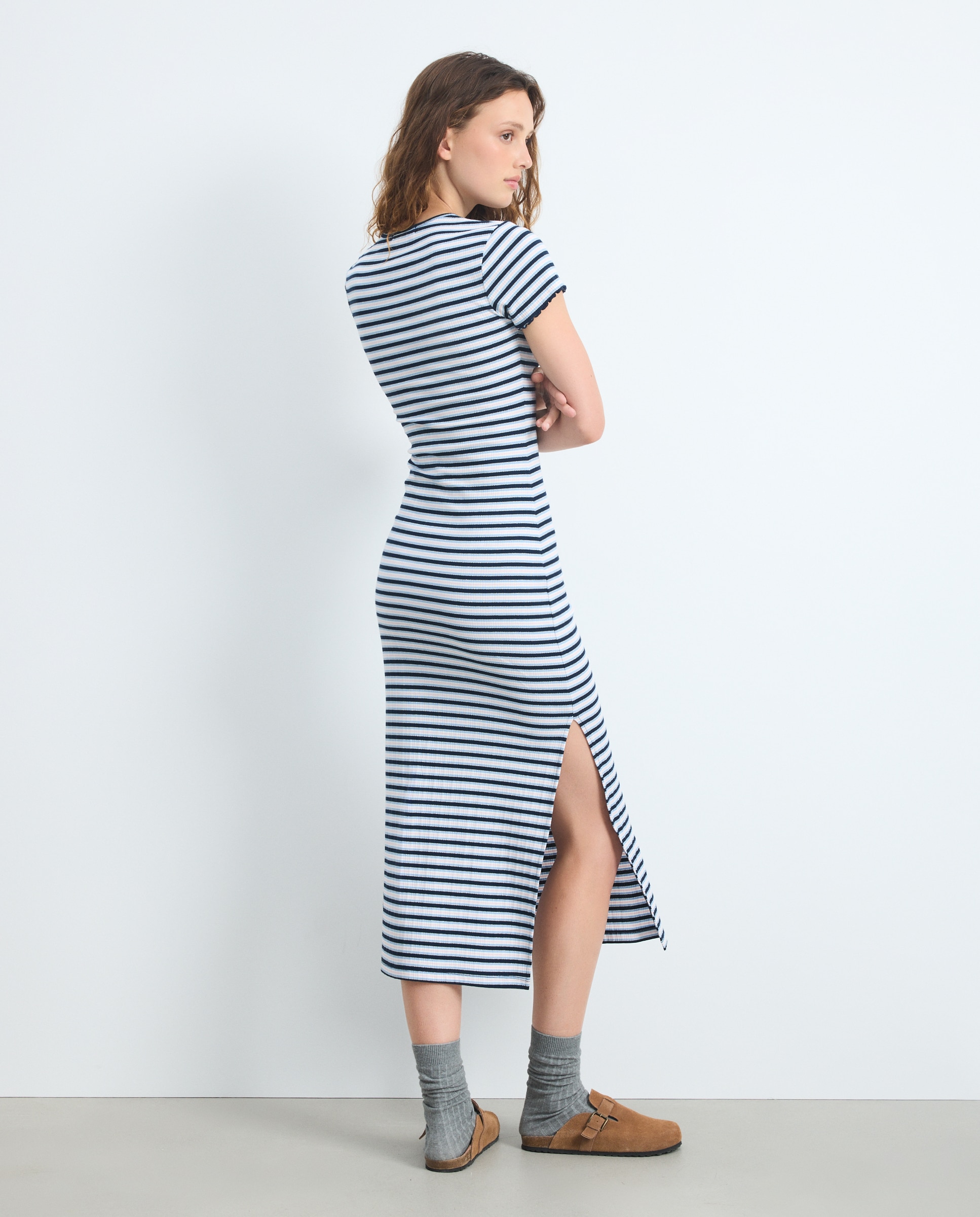 Vestido de Malha às Riscas de Fio Metalizado e Canelado Azul-marinho-3