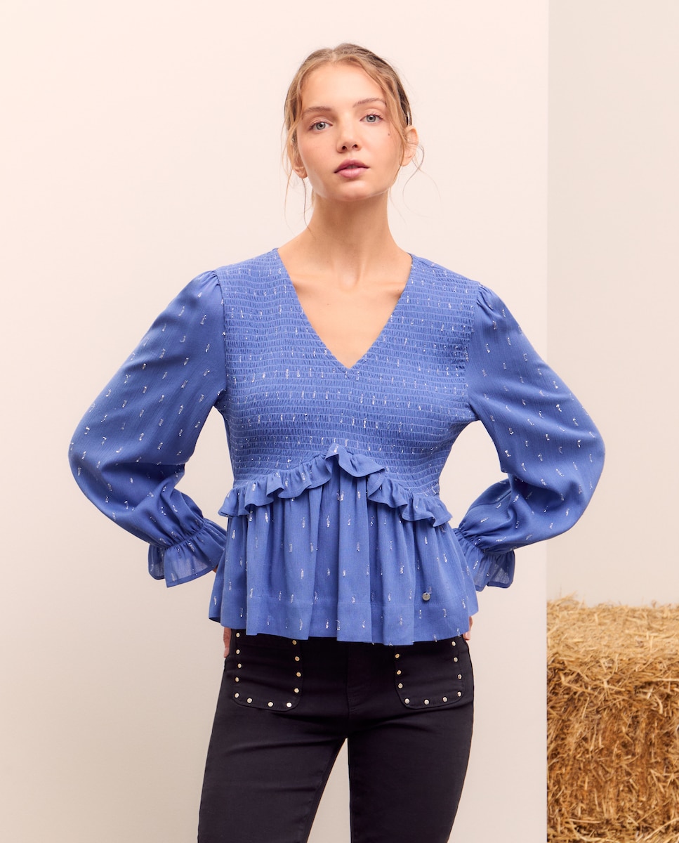 Blusa de Manga Comprida e Decote em Bico Smock Ceruelo-3