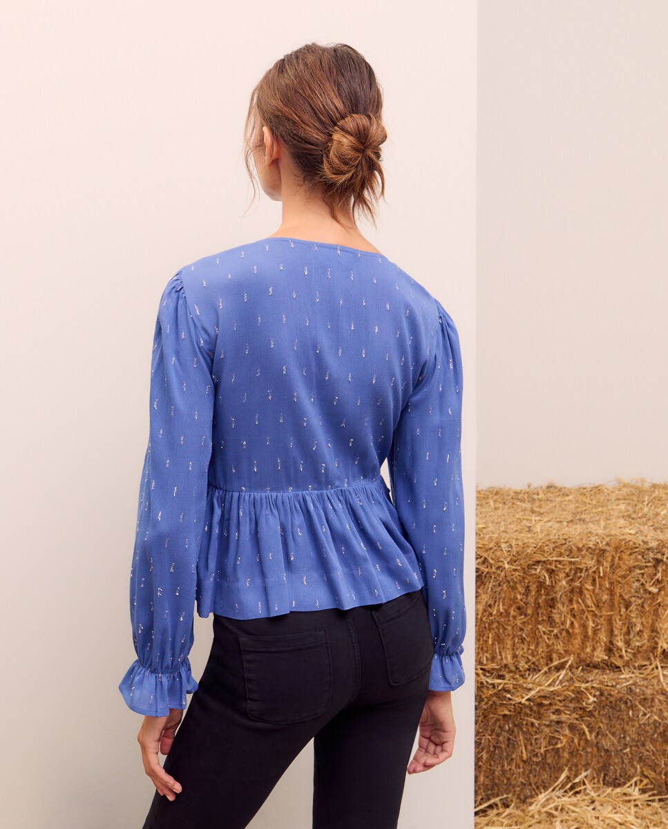 Blusa de Manga Comprida e Decote em Bico Smock Ceruelo-4