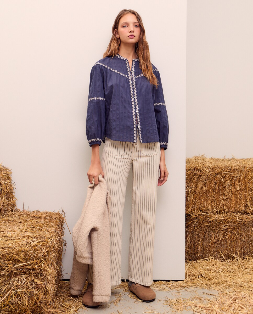 Blusa de manga comprida com bordado 430 Azul Escuro-3