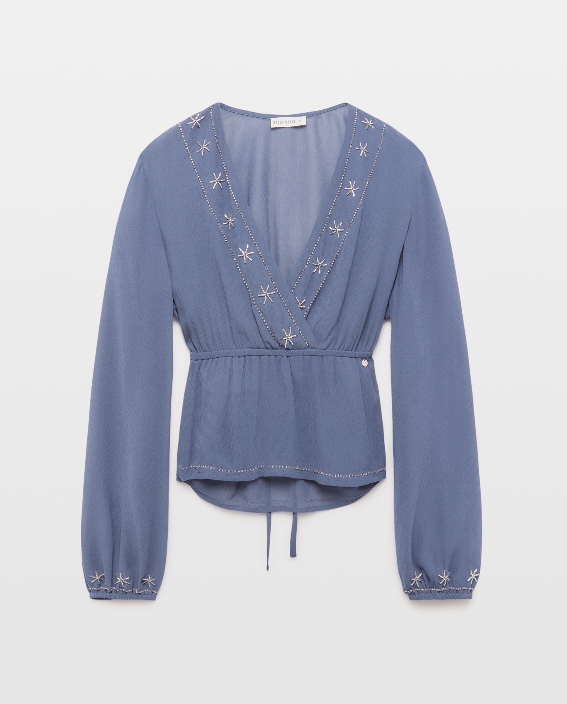 Blusa Cruzada com Decote em Bico e Contas 430 Azul Escuro-4