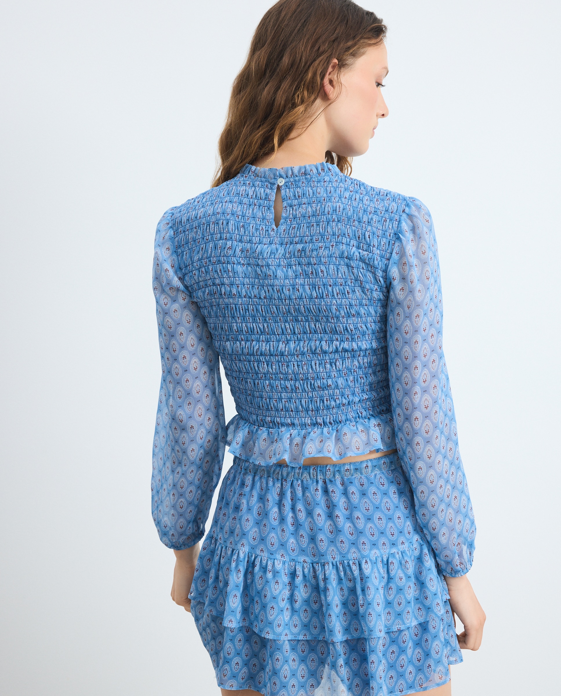 Blusa de Chiffon com Elásticos e Estampado Azul Intenso-3