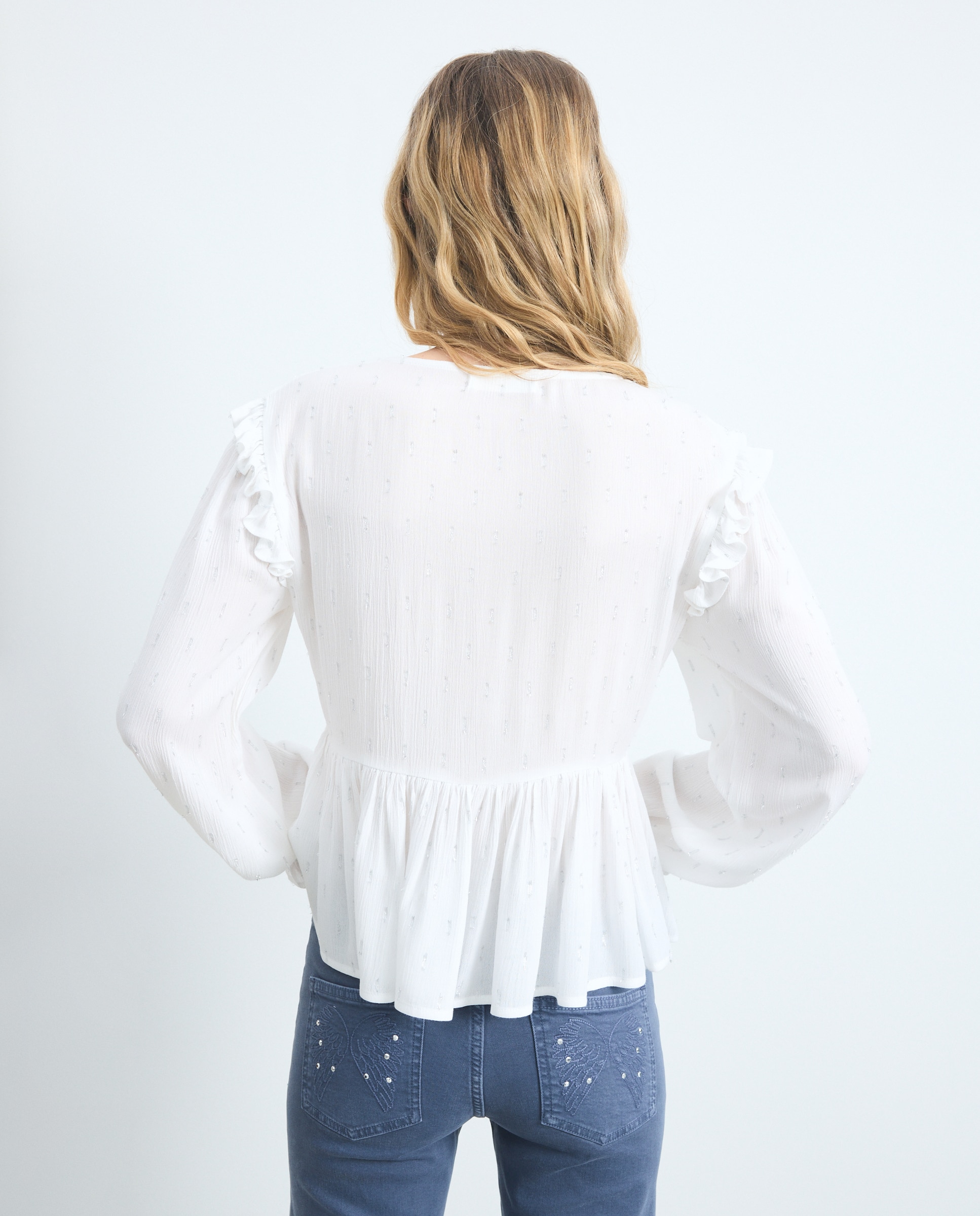 Blusa de Manga Comprida com Elásticos e Decote em Bico Branco-marfim-3