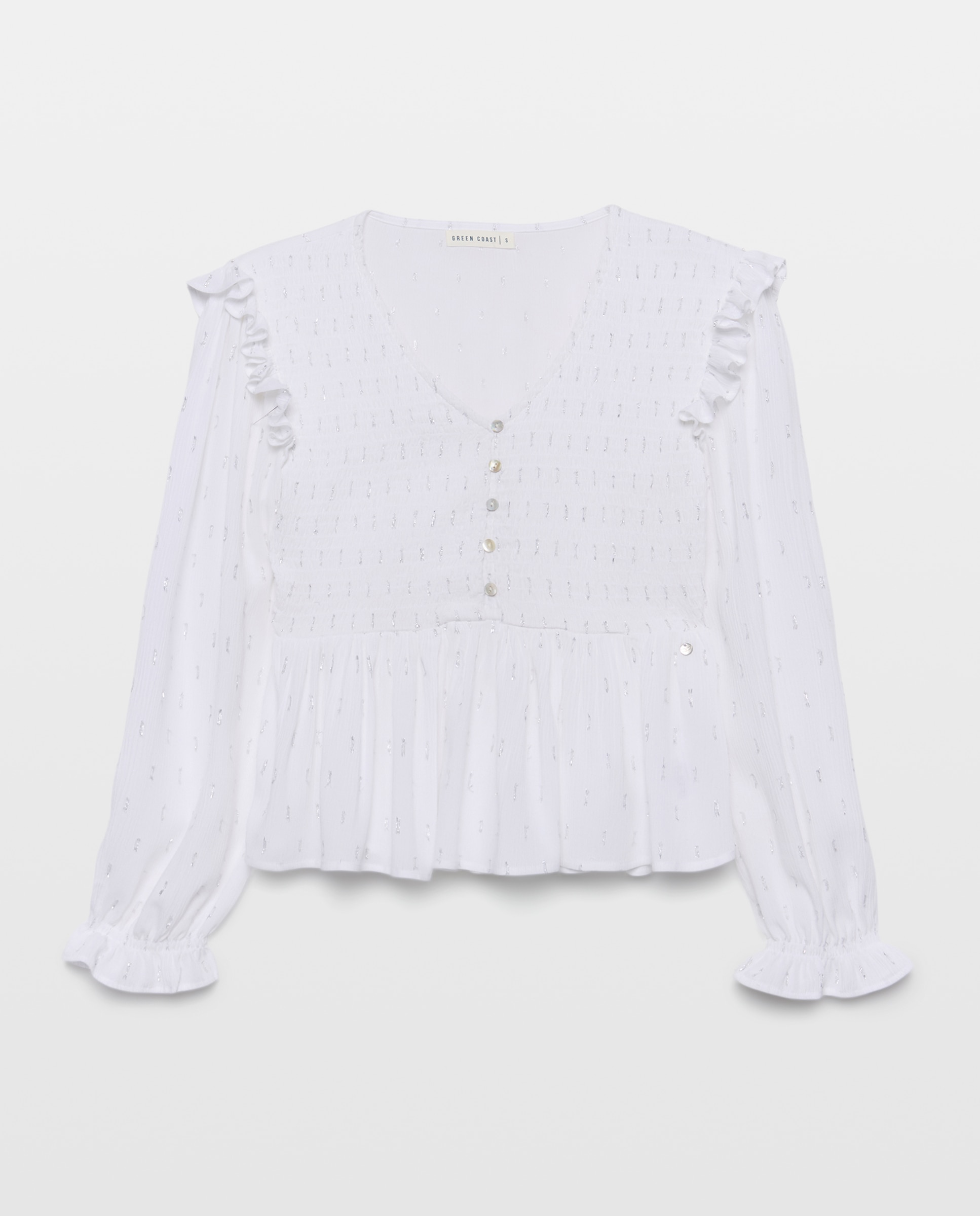 Blusa de Manga Comprida com Elásticos e Decote em Bico Branco-marfim-4
