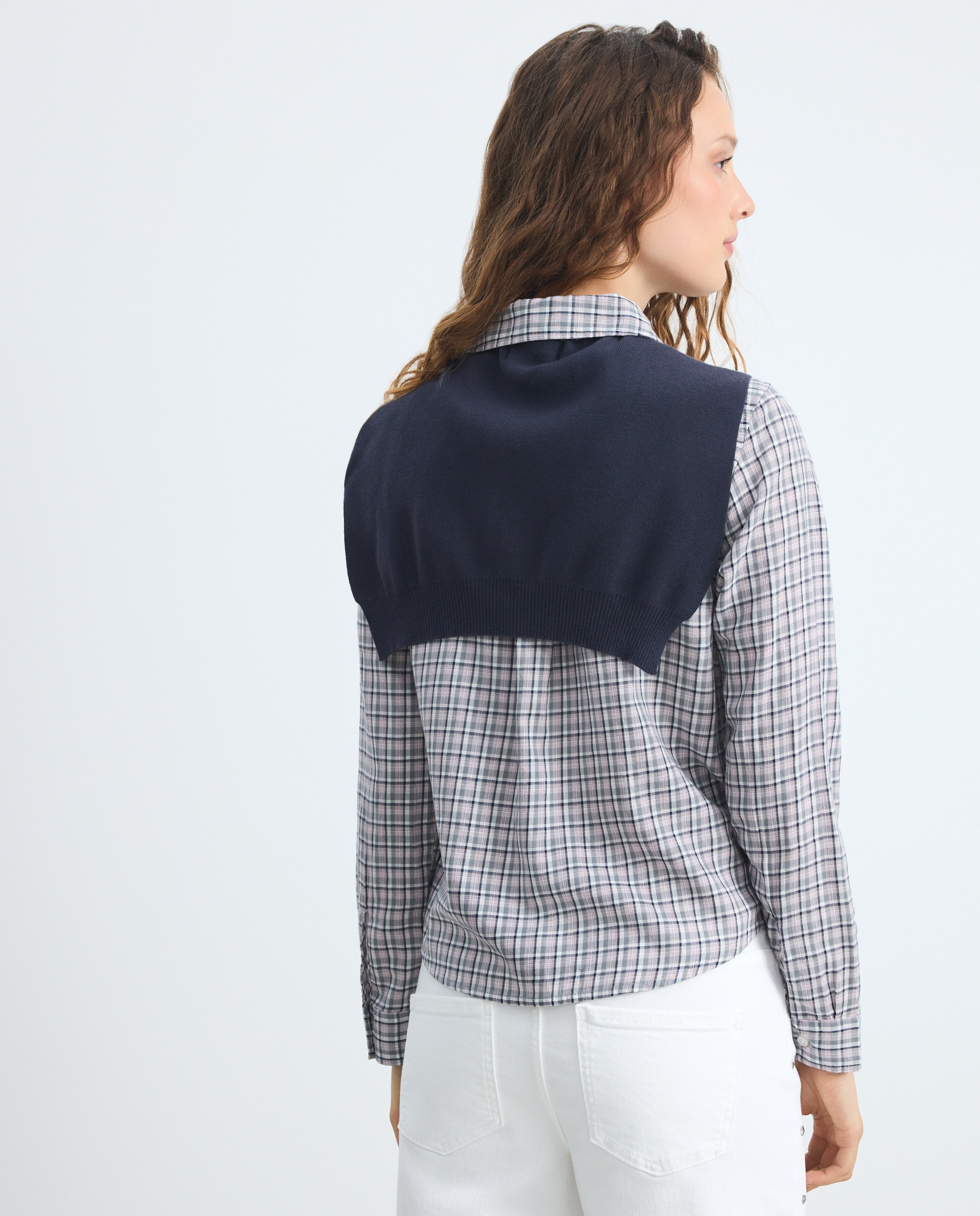 Blusa aos Quadrados com Detalhe Jersey 820 Cinzento Médio-4