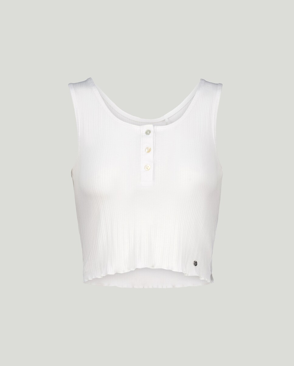 T-shirt Canelada Lisa com Decote Redondo e Alças Branco-4