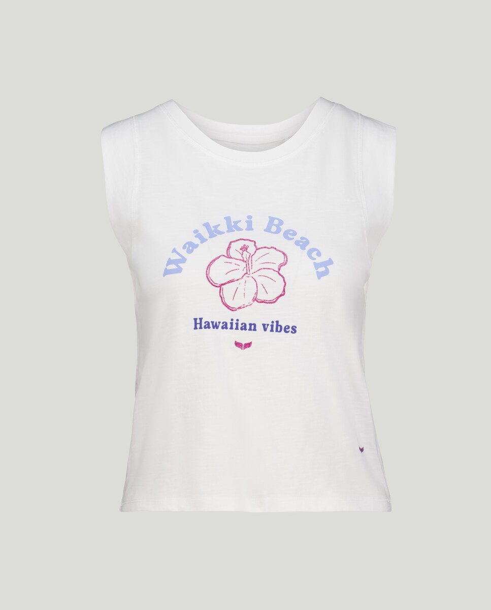 T-shirt de Decote Redondo sem Mangas com Estampado à Frente Branco-marfim-4