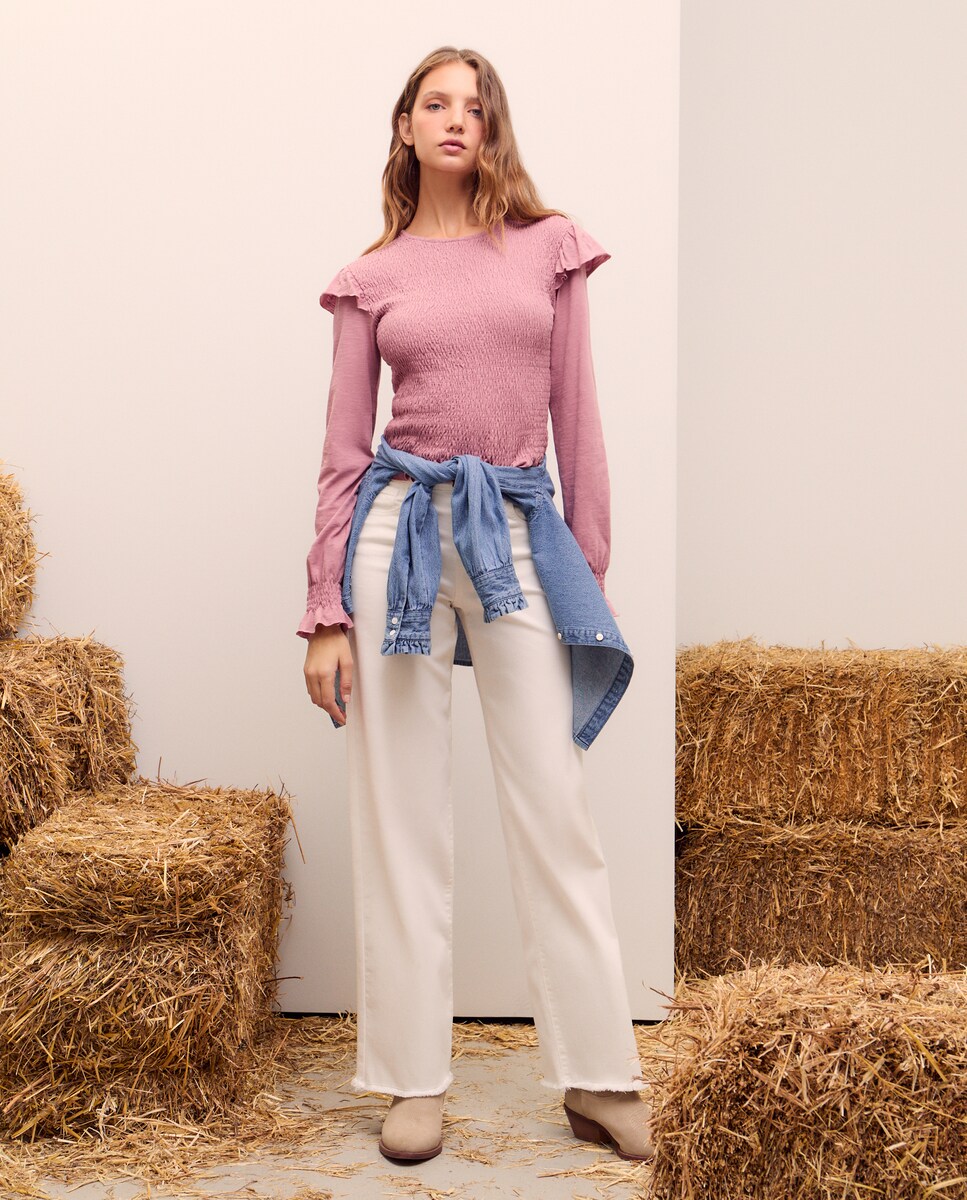 Camisola de Manga Comprida com Corpo com Favos de Mel Rosa-claro-2