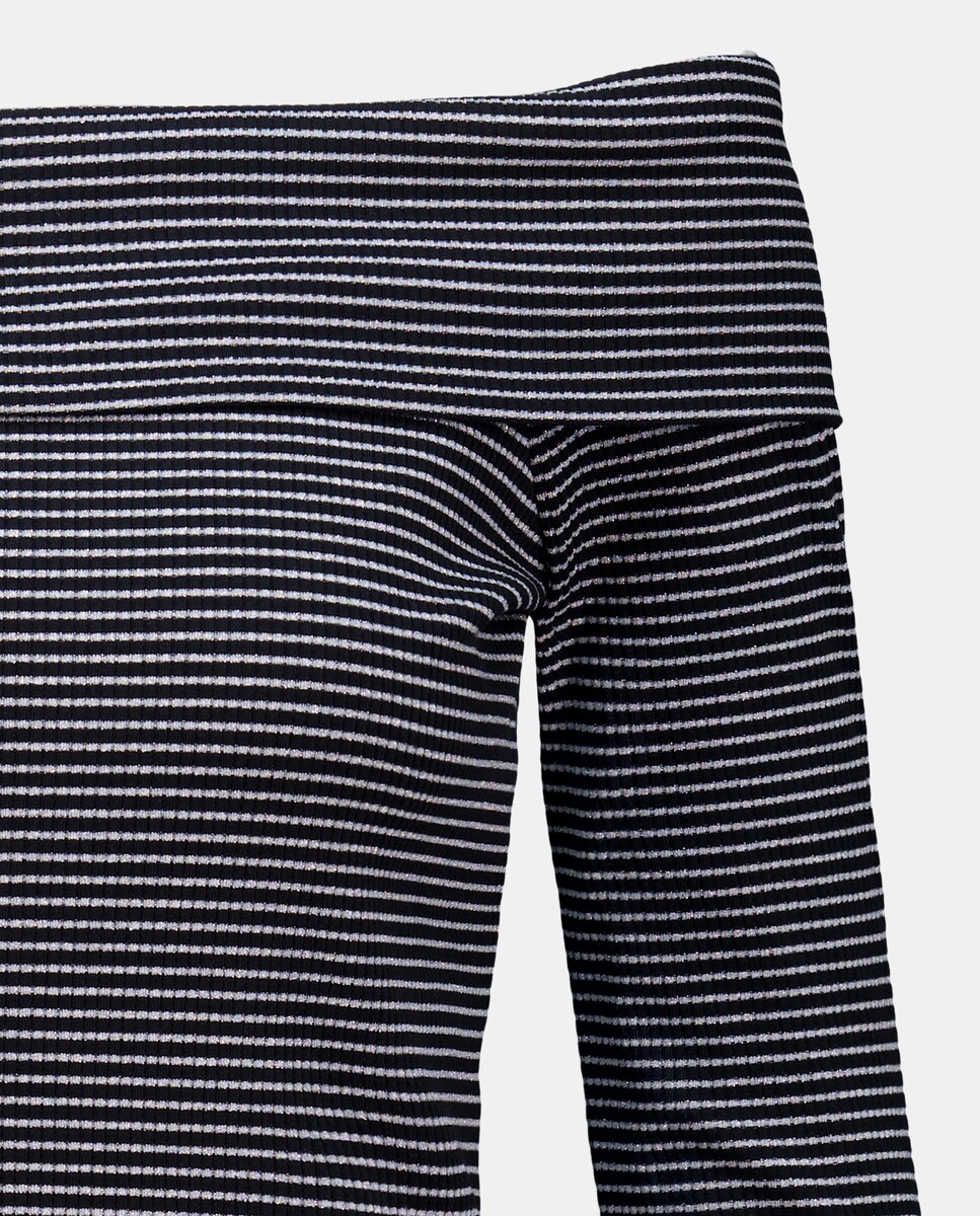 Camisola Canelada às Riscas de Fio Metalizado com Decote à Barco e Manga Comprida Preto-5