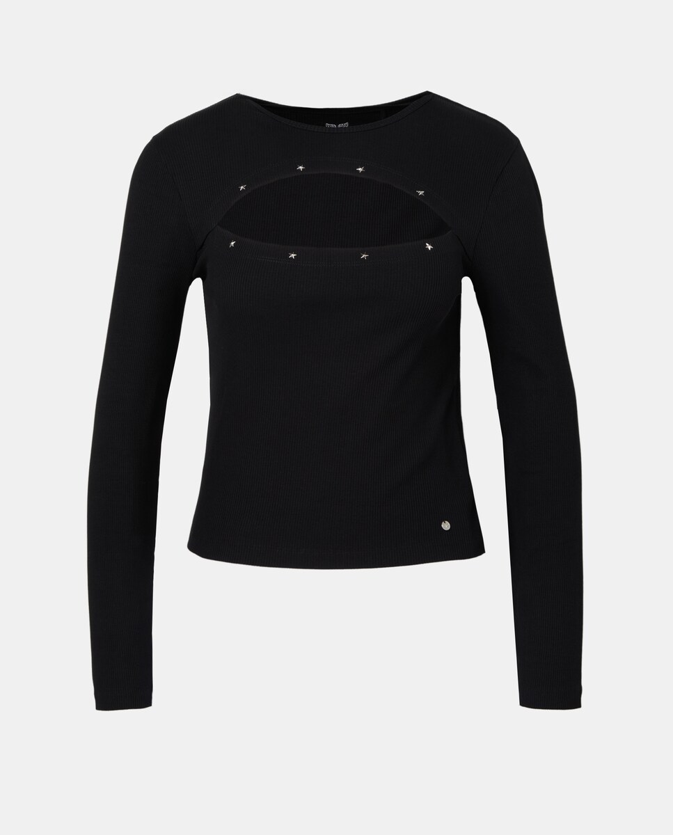 Camisola de Manga Comprida Canelada com Tachas na Abertura Preto-5