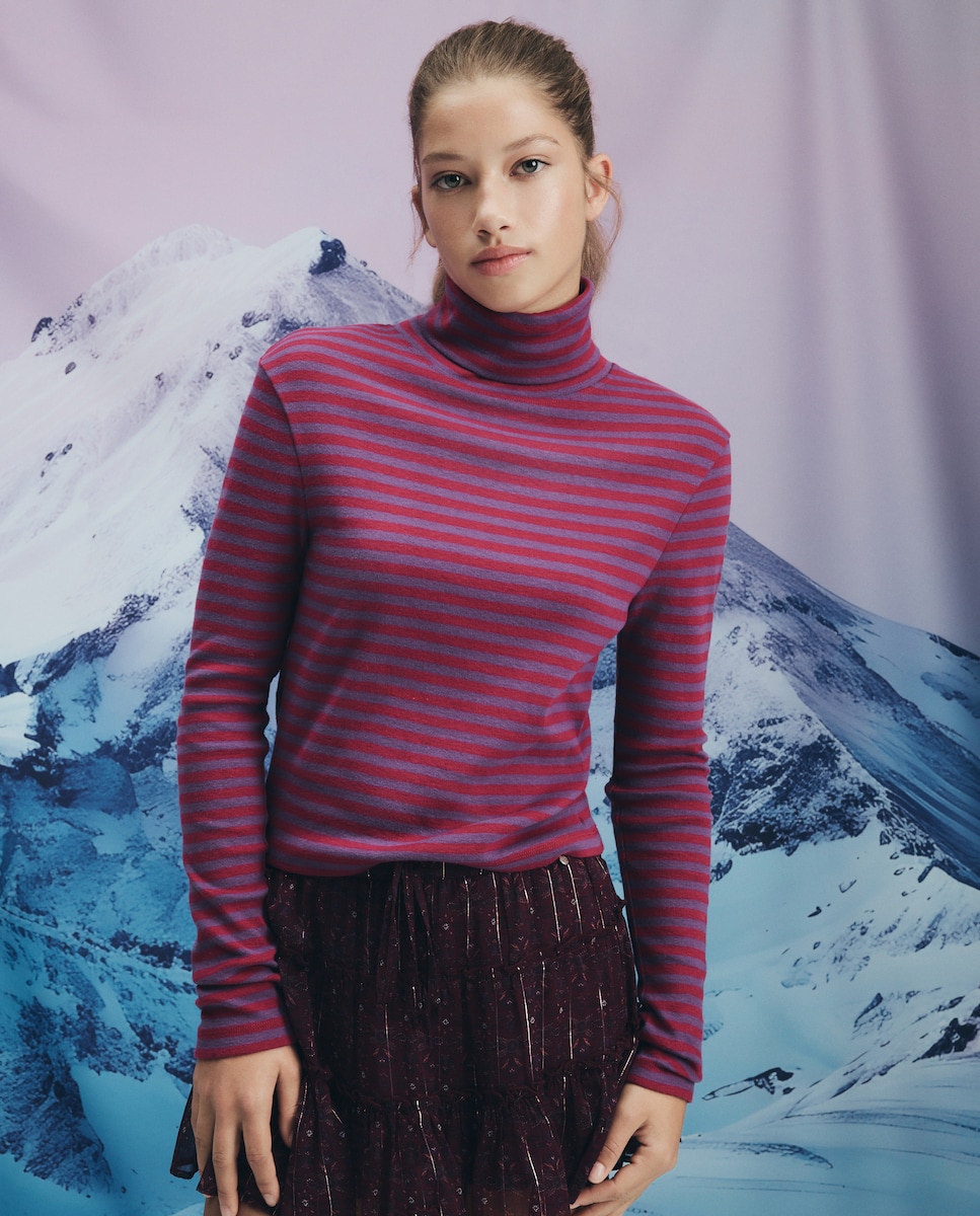 T-shirt Canelada com Gola Dobrada Rosa-1