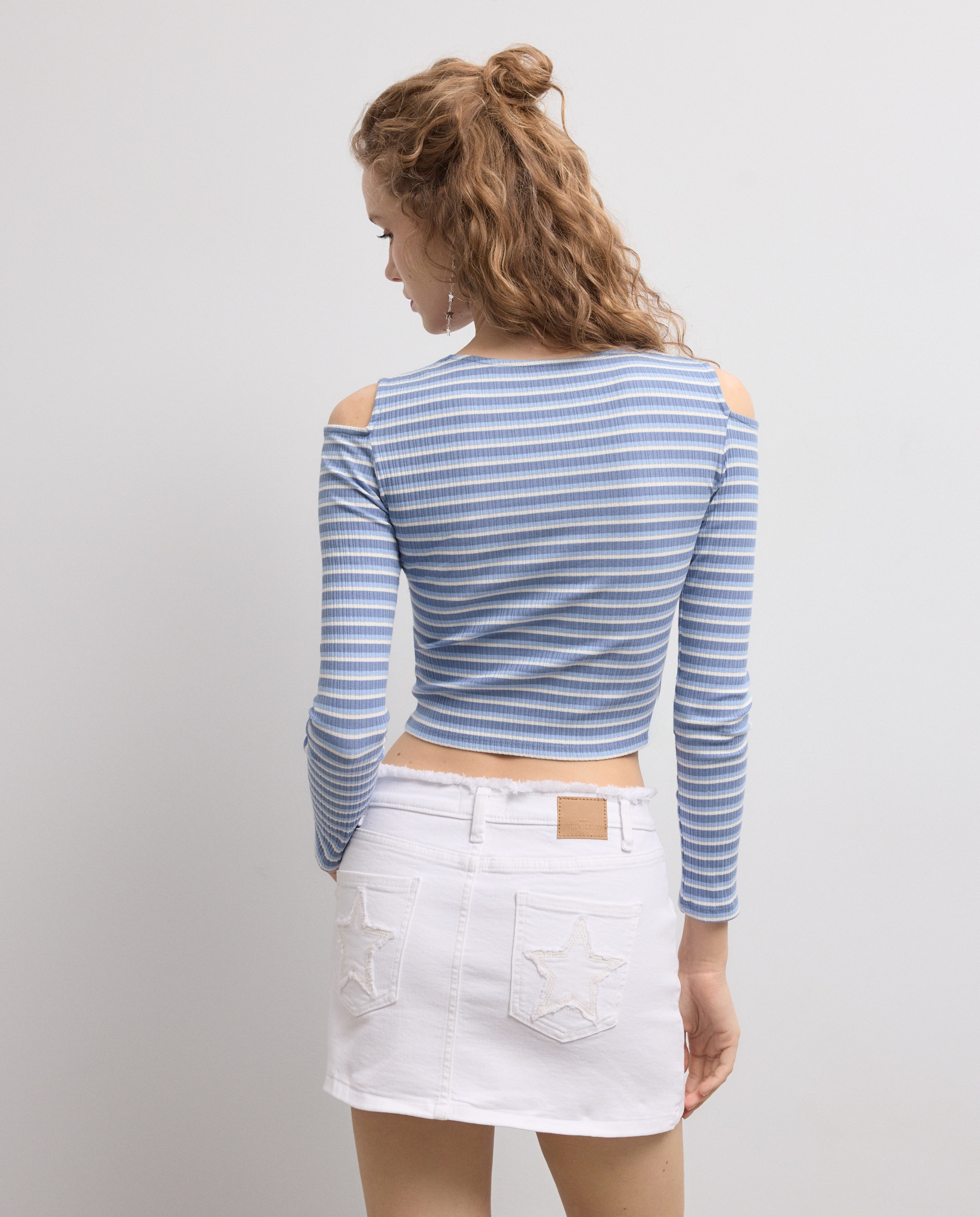 Camisola de Manga Comprida com Decote Redondo e Cut Out às Riscas Caneladas de Fio Metalizado Azul-4