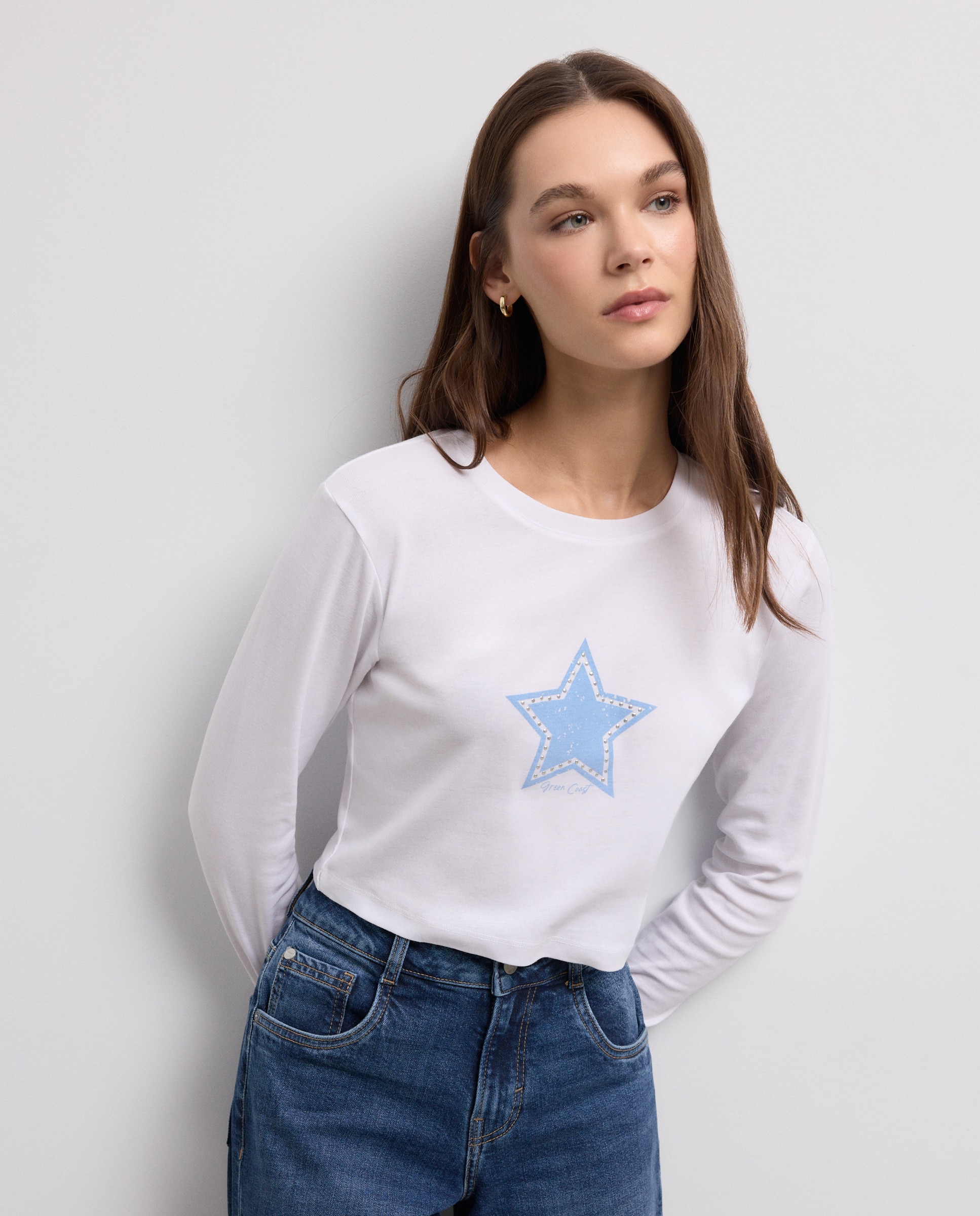 Imagem 0 de Camisola de Manga Comprida e Decote Redondo com Estrela de Tachas