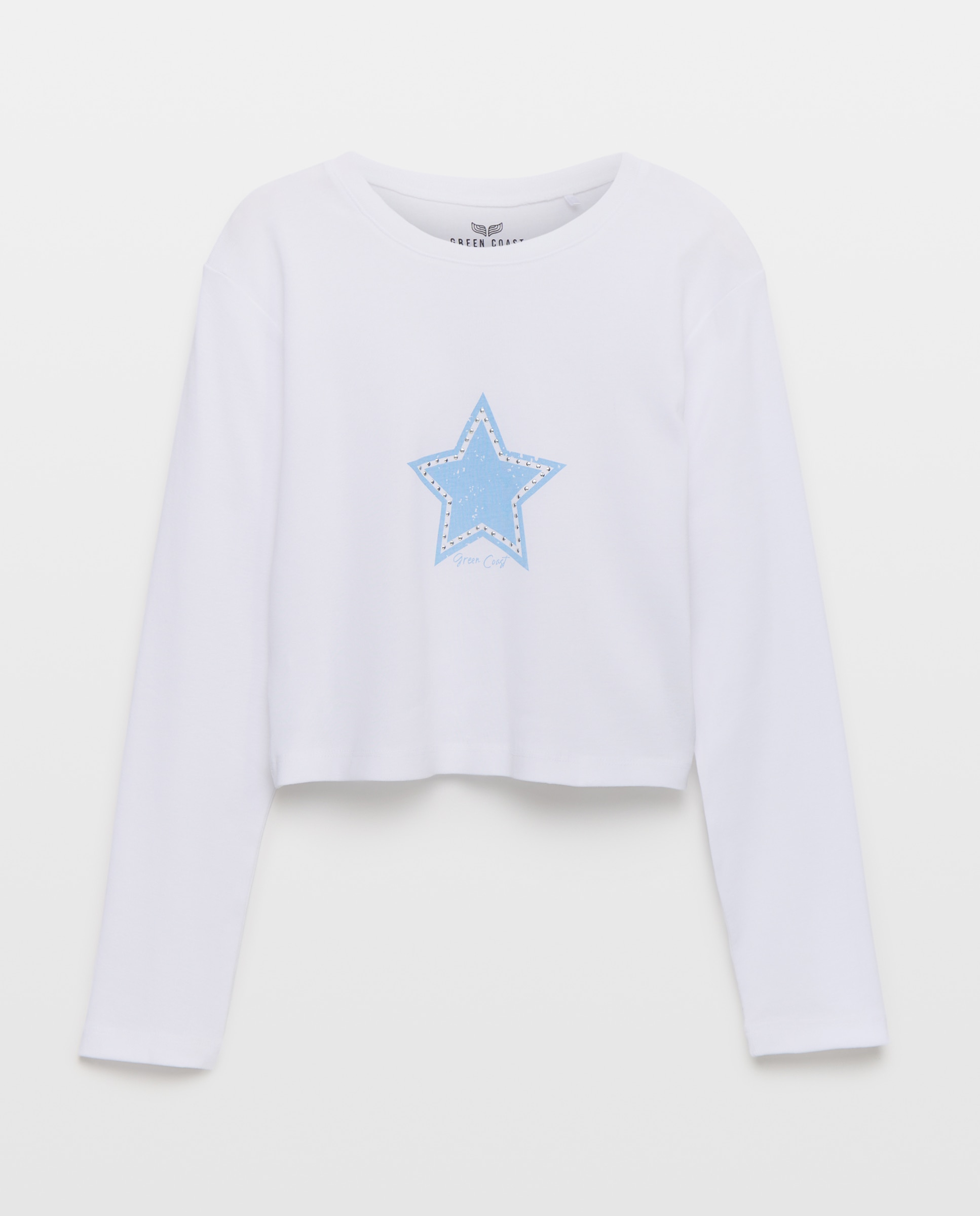 Camisola de Manga Comprida e Decote Redondo com Estrela de Tachas Branco-5