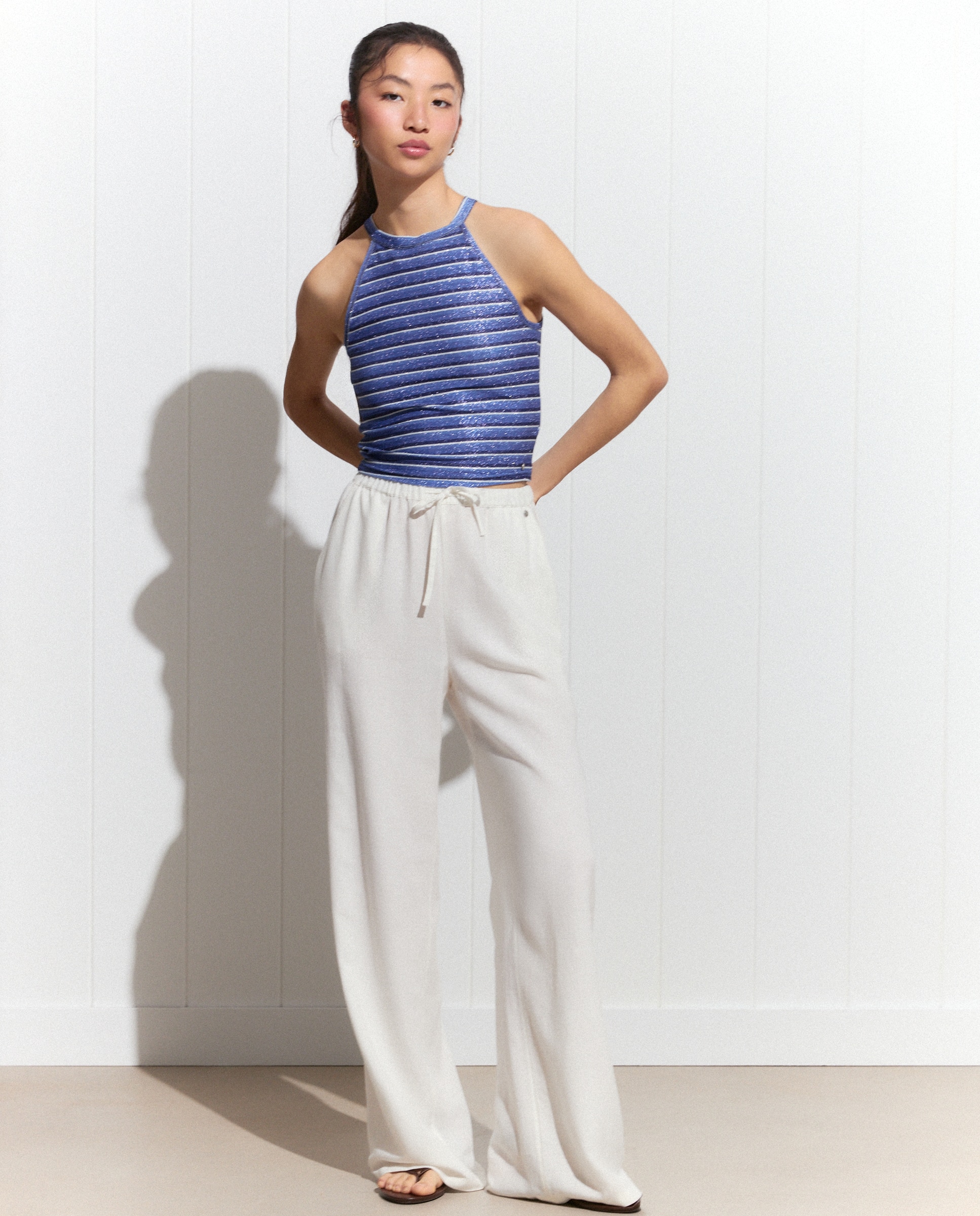 Top Estilo Nadadora às Riscas de Fio Metalizado Azul-2