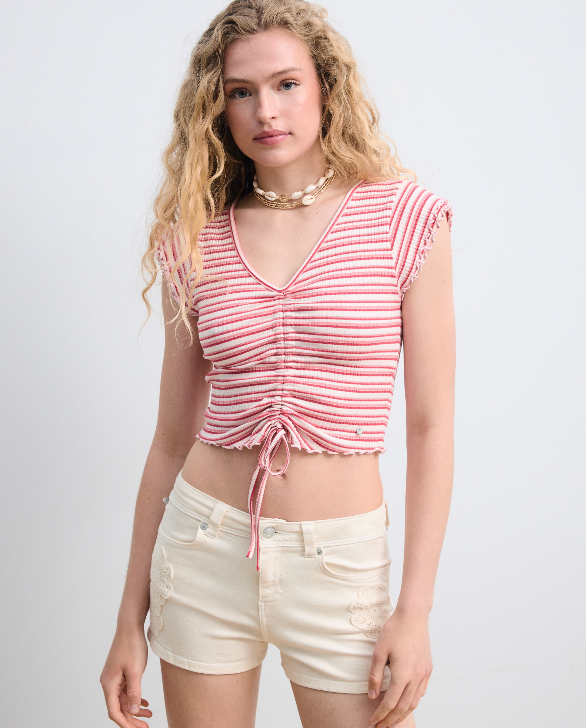 Imagen 1 de Camiseta top de mujer de canalé fruncida - Green Coast - Rojo Rojo