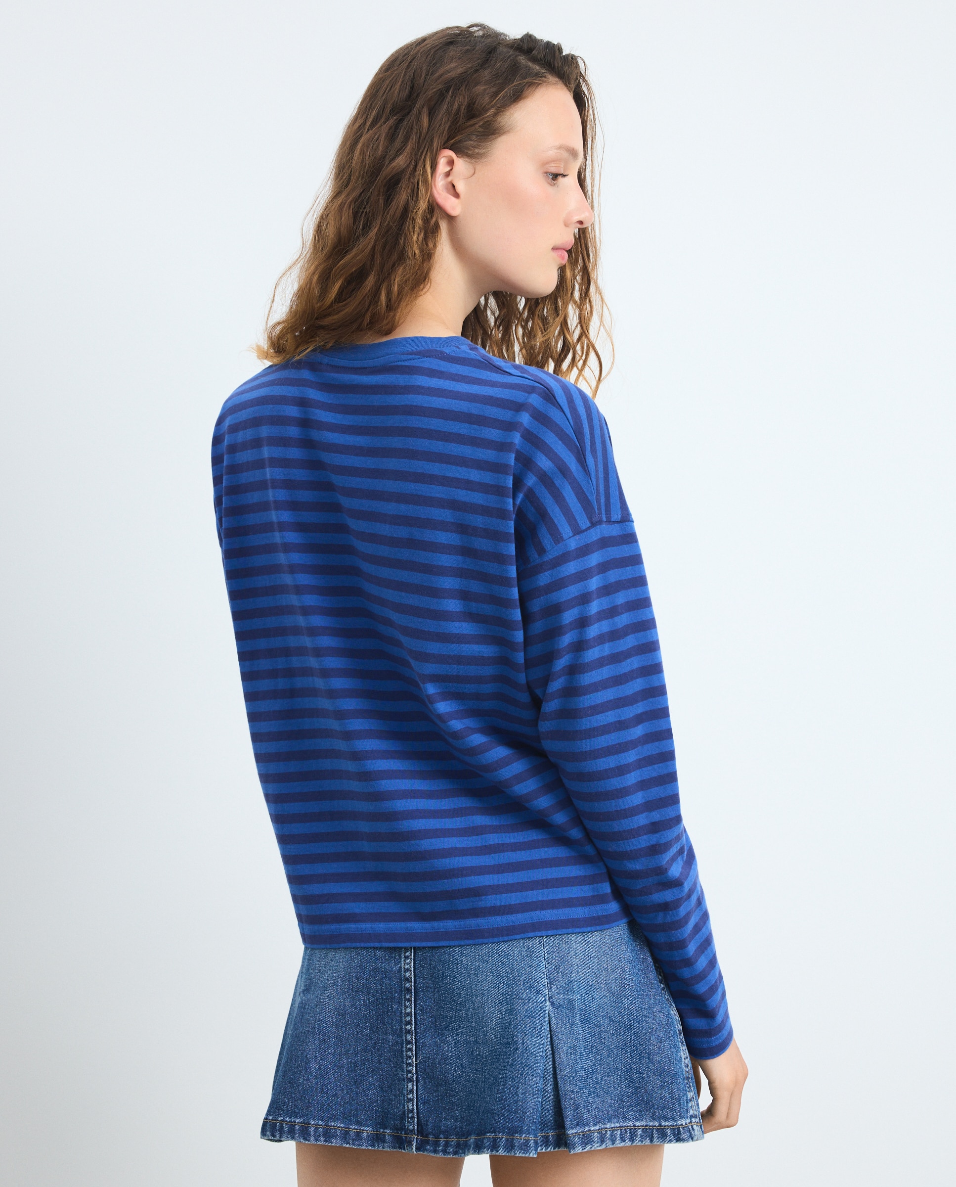 Camisola de mulher às riscas e com manga comprida Azul-4