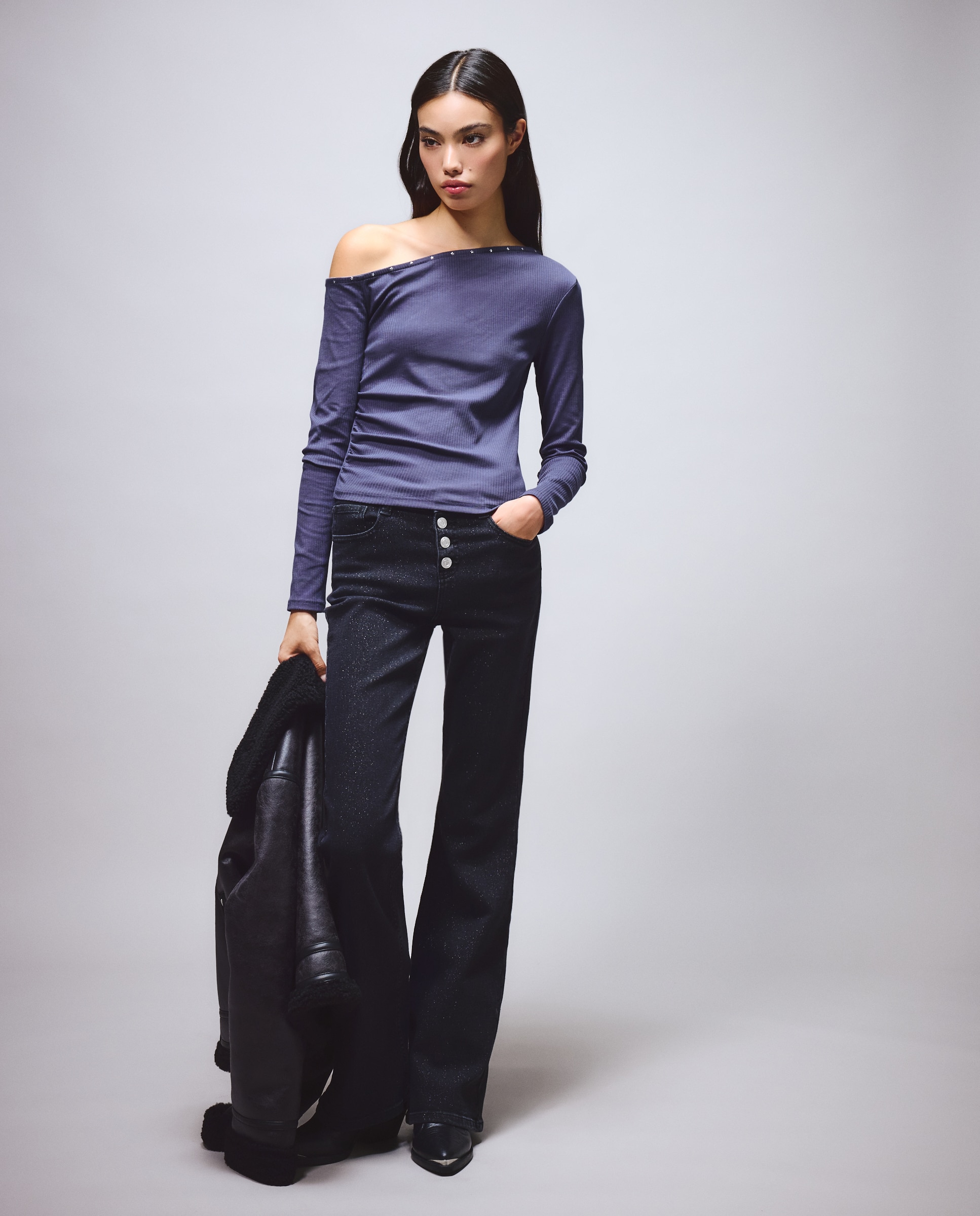 Top asimétrico de tachas y canalé - Green Coast - Gris claro Gris claro-3