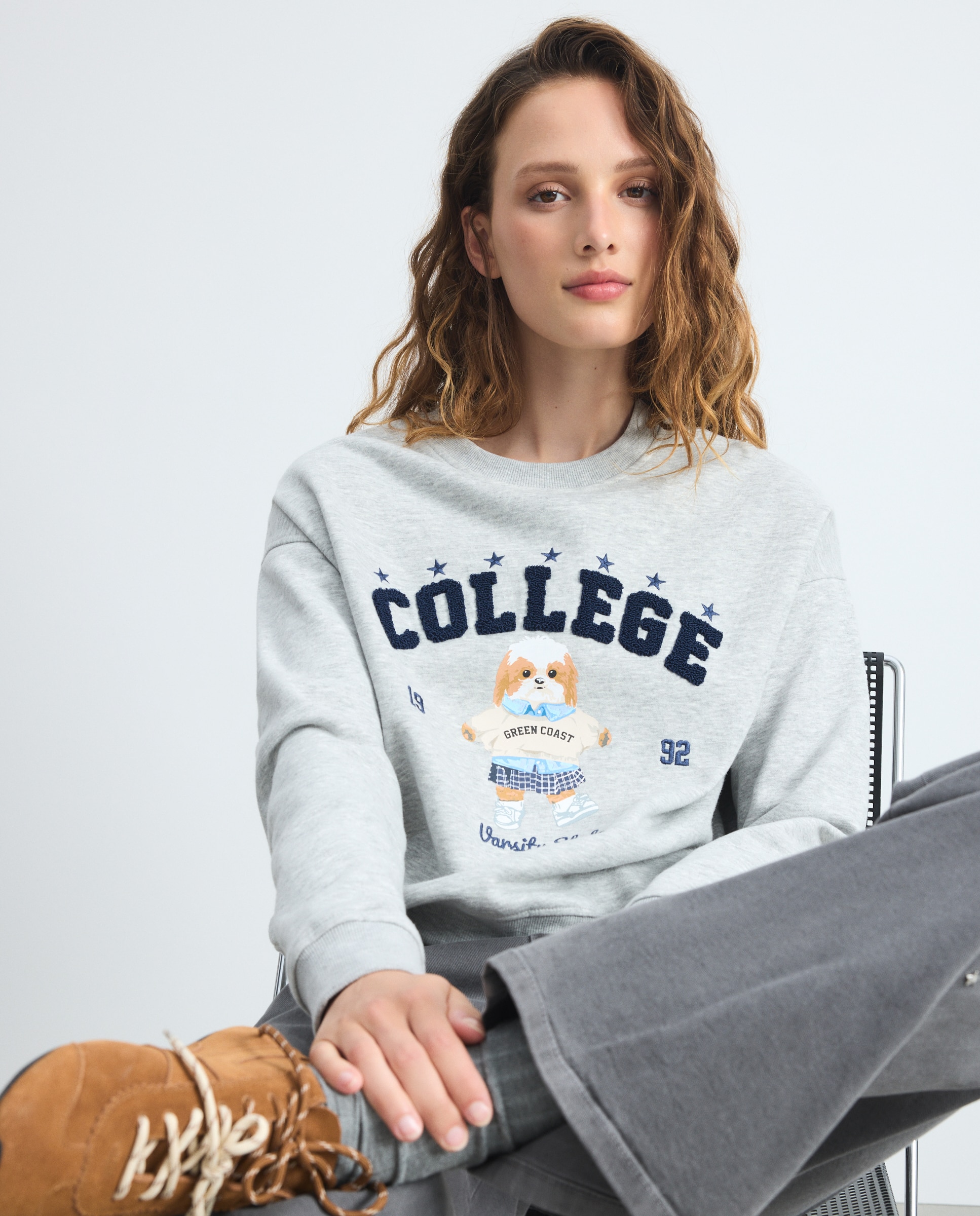 Sweatshirt com Estampado College de Cão Cinzento-claro-2