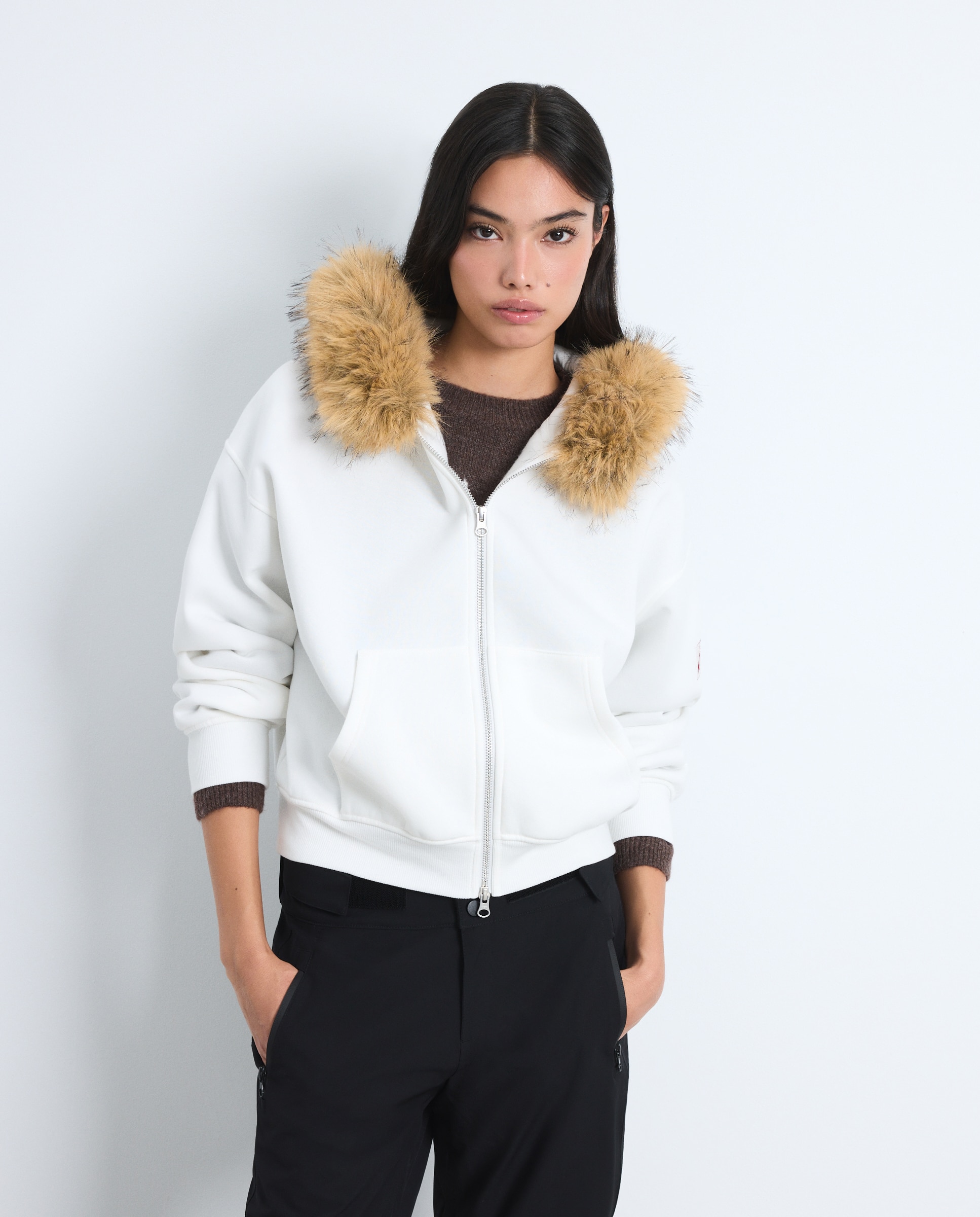 Imagen 0 de Sudadera capucha con pelo mujer Blanco roto