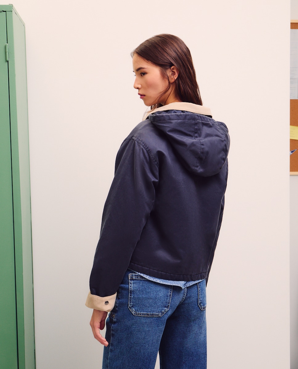 Gabardine Encerada Curta com Capuz Azul-marinho-3