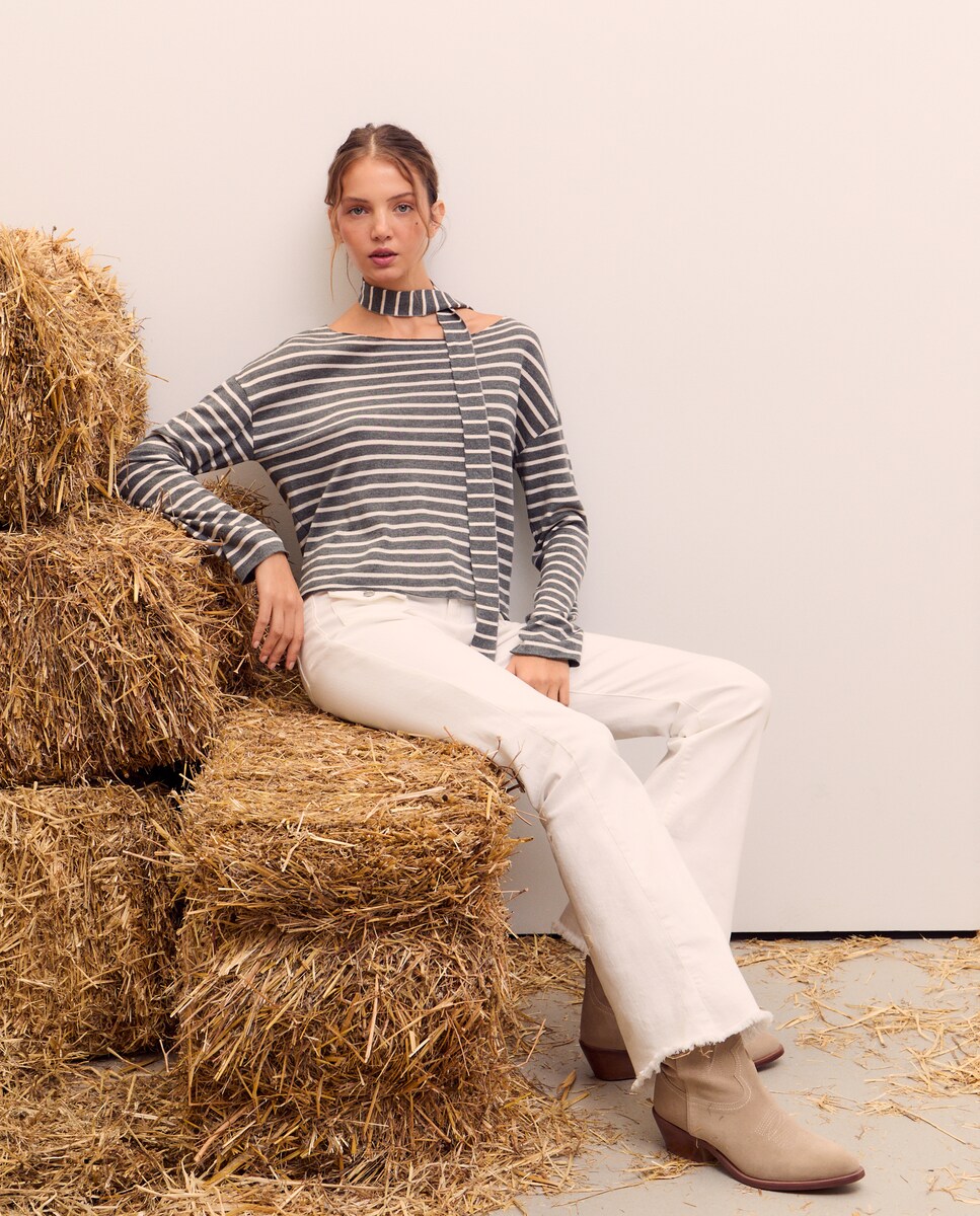 Camisola de Malha às Riscas com Gargantilha 820 Cinzento Médio-1