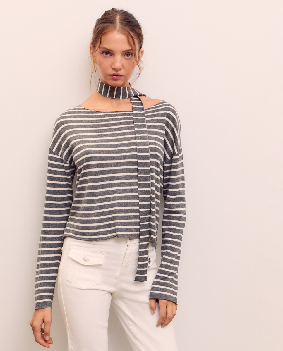 Camisola de Malha às Riscas com Gargantilha 820 Cinzento Médio-2