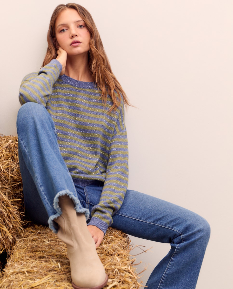 Camisola de Malha Oversize Lisa com Fio Metalizado 450 Turquesa-1