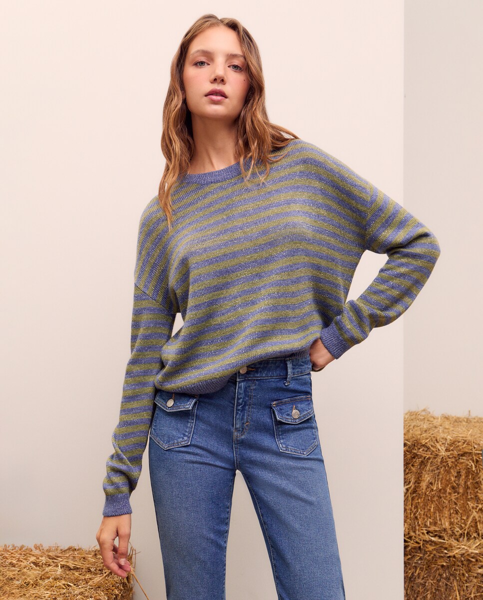 Camisola de Malha Oversize Lisa com Fio Metalizado 450 Turquesa-2