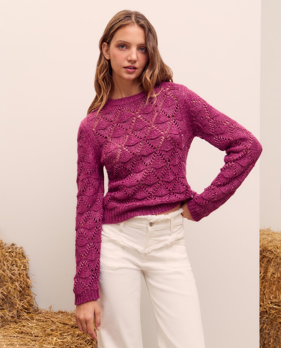 Camisola de Malha Rendilhada com Folhas Ameixa-1