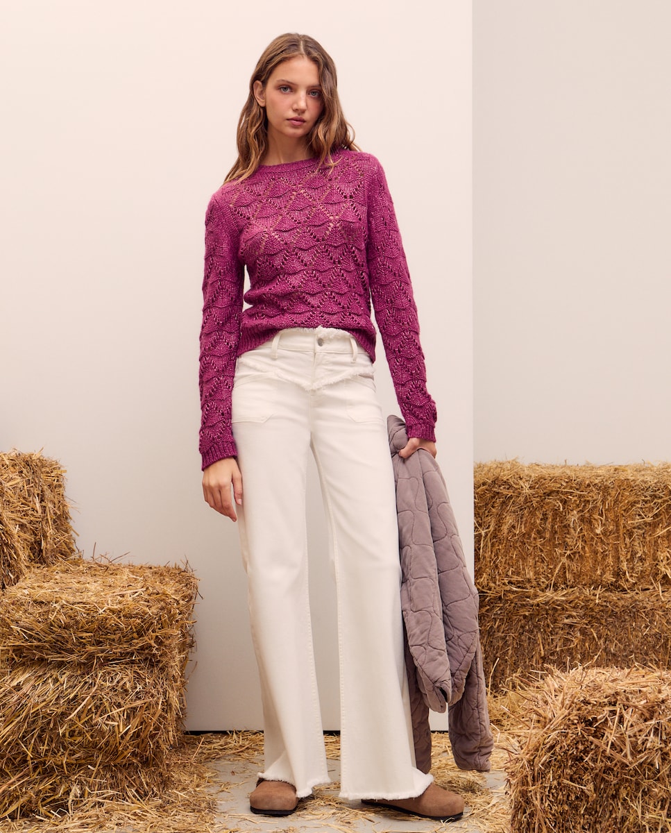 Camisola de Malha Rendilhada com Folhas Ameixa-2