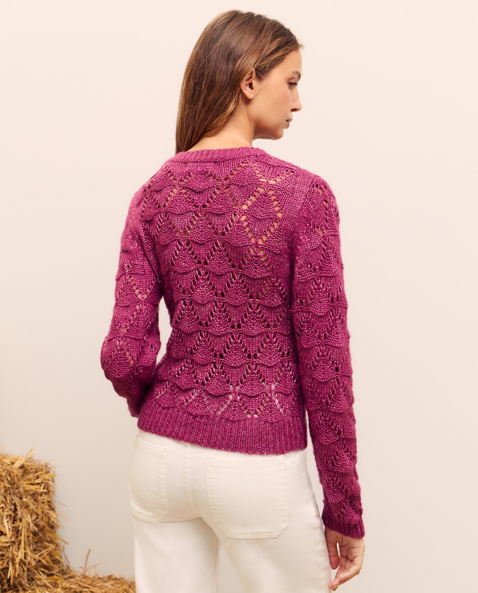 Camisola de Malha Rendilhada com Folhas Ameixa-3