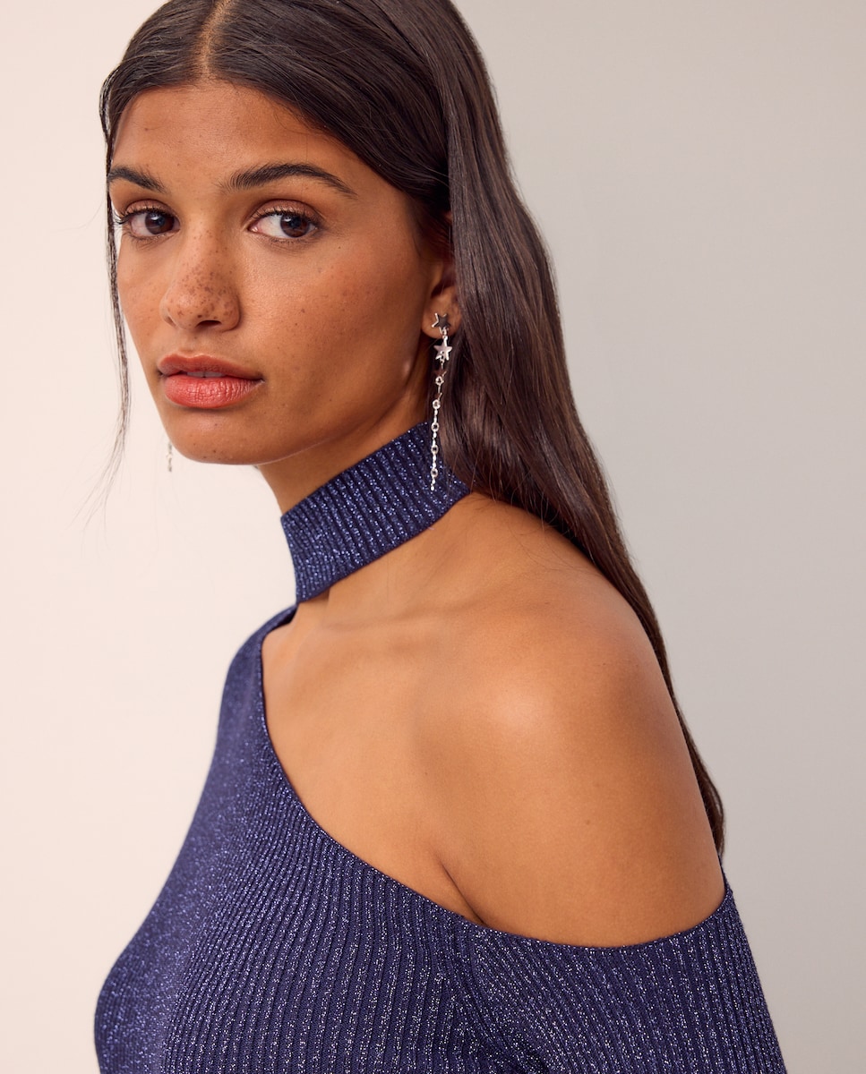 Vestido Assimétrico com Gargantilha Azul-marinho-3