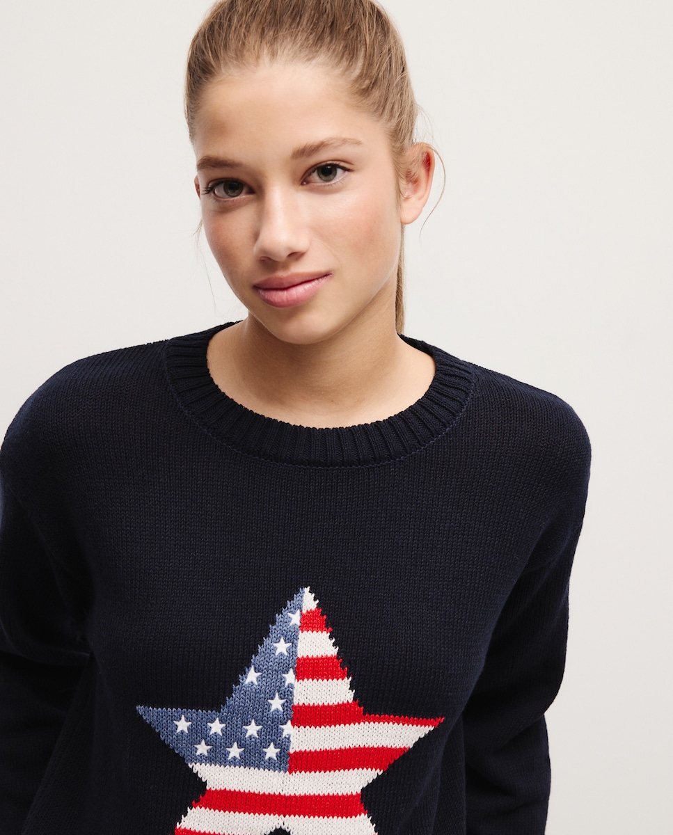 Camisola de Malha de Manga Comprida com Estampado Azul-marinho-1