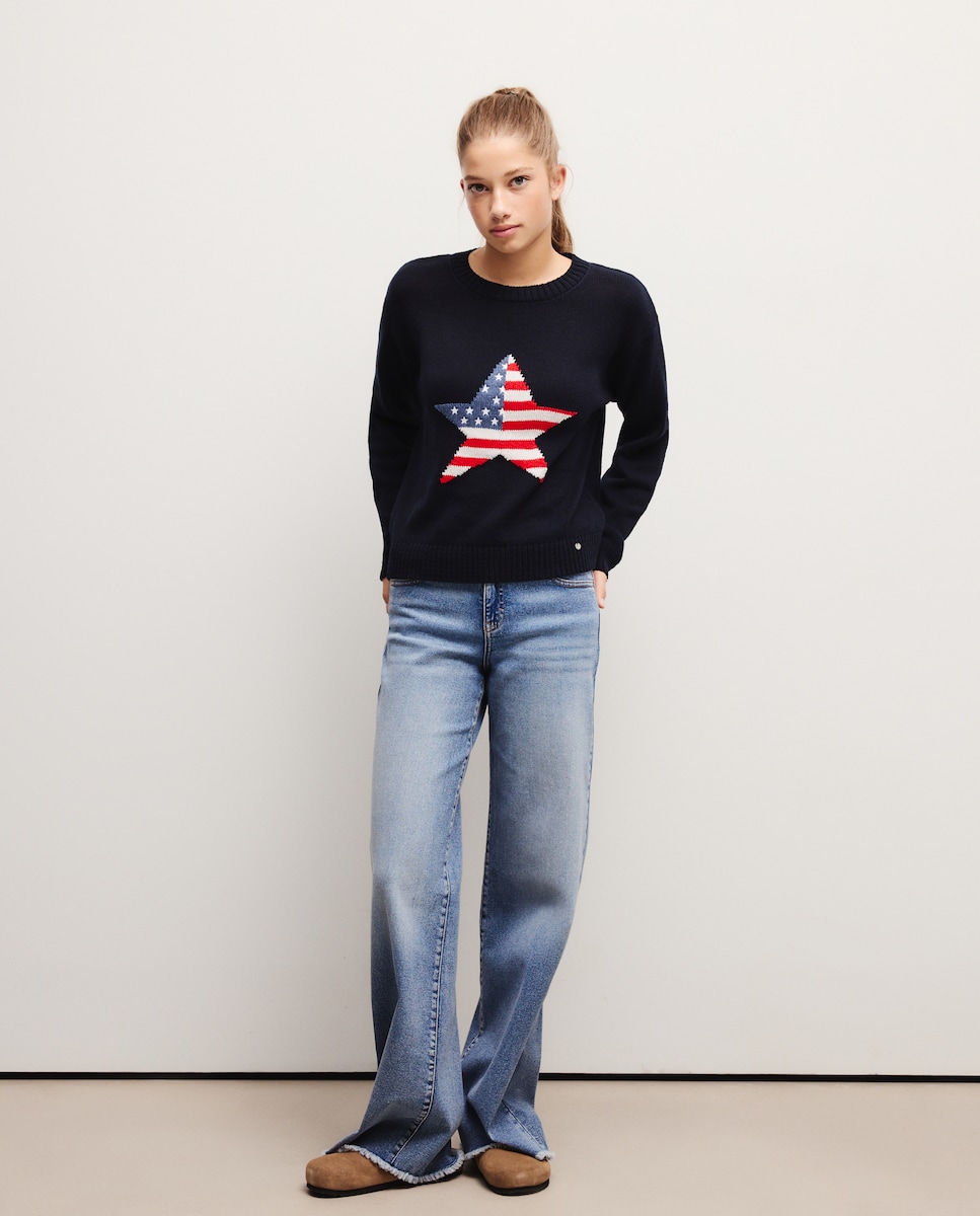 Camisola de Malha de Manga Comprida com Estampado Azul-marinho-2