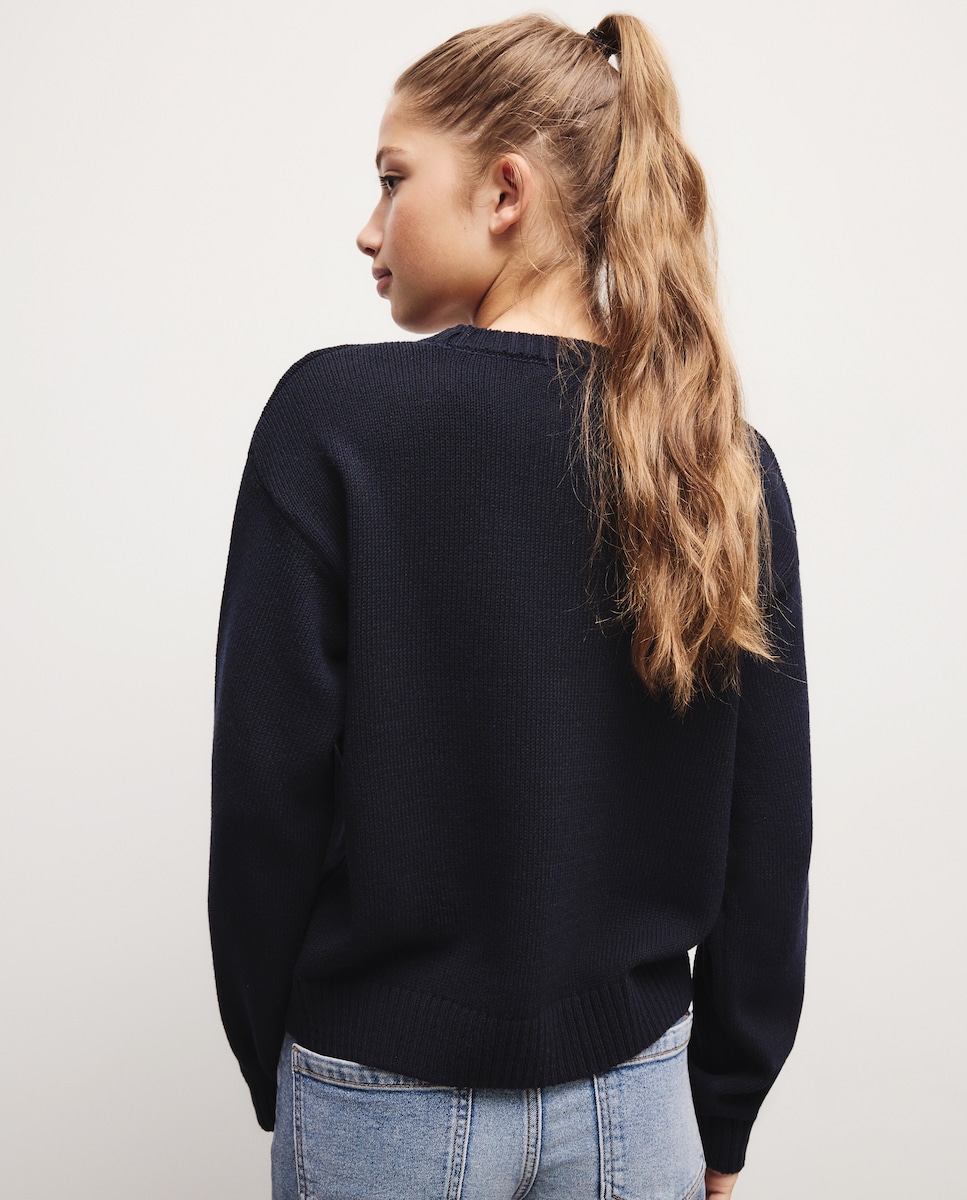 Camisola de Malha de Manga Comprida com Estampado Azul-marinho-3