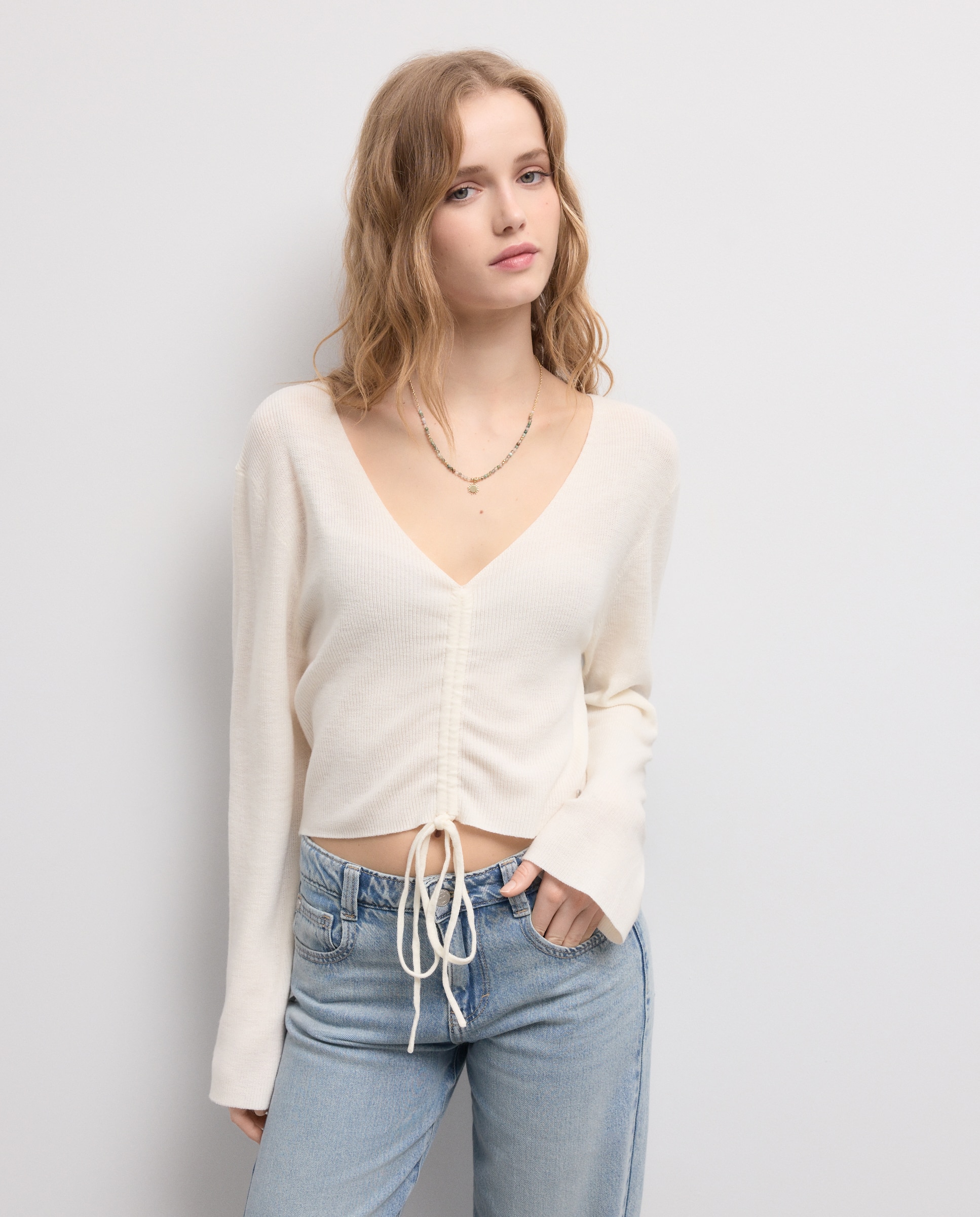 Camisola de Malha com Decote em Bico com Franzido 120 Cru-2