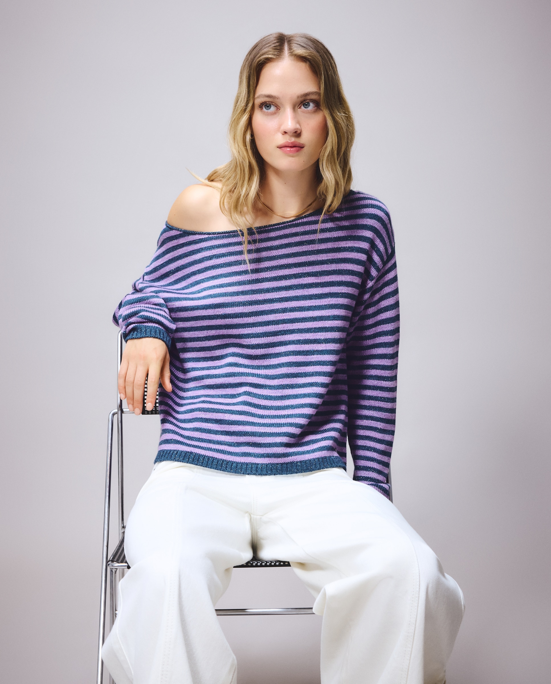 Camisola de Malha Loose com Decote à Barco Azul Intenso-2