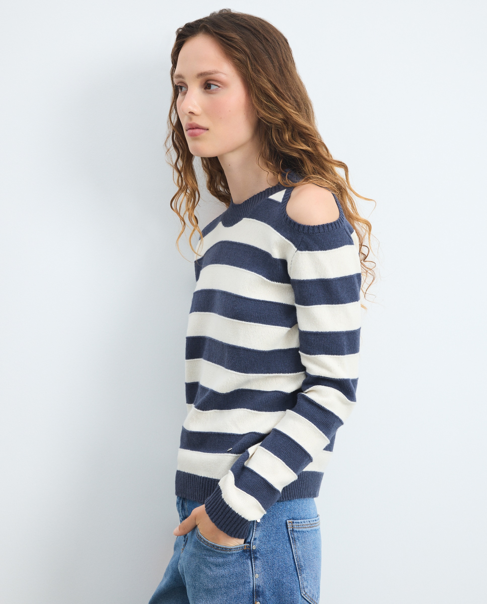 Camisola de Malha Cut Out com Estampado às Riscas Azul-marinho-2